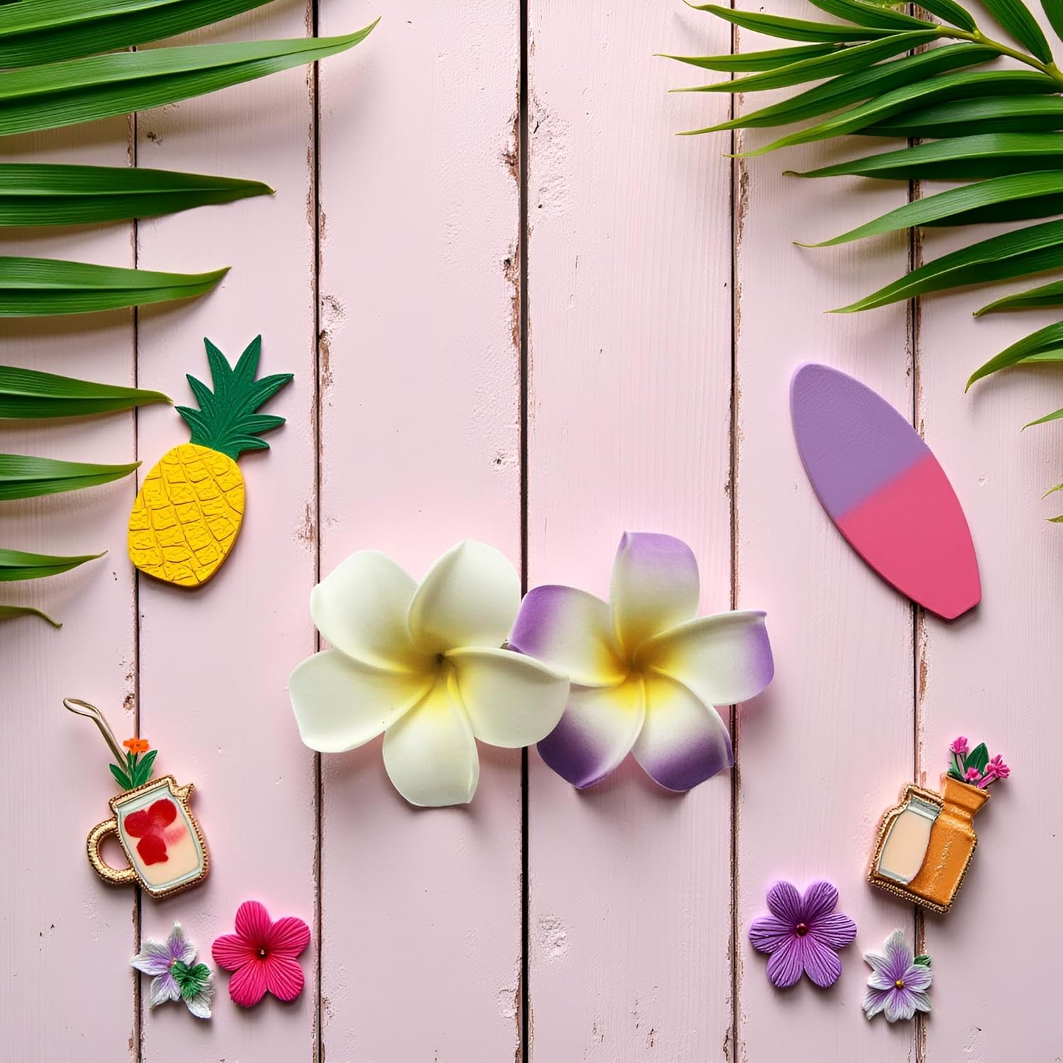 Hawaiian Frangipani Plumeria Foam Head Flower Party Beach Hair Accessories Pack of 2 (White+Purple) image number 3