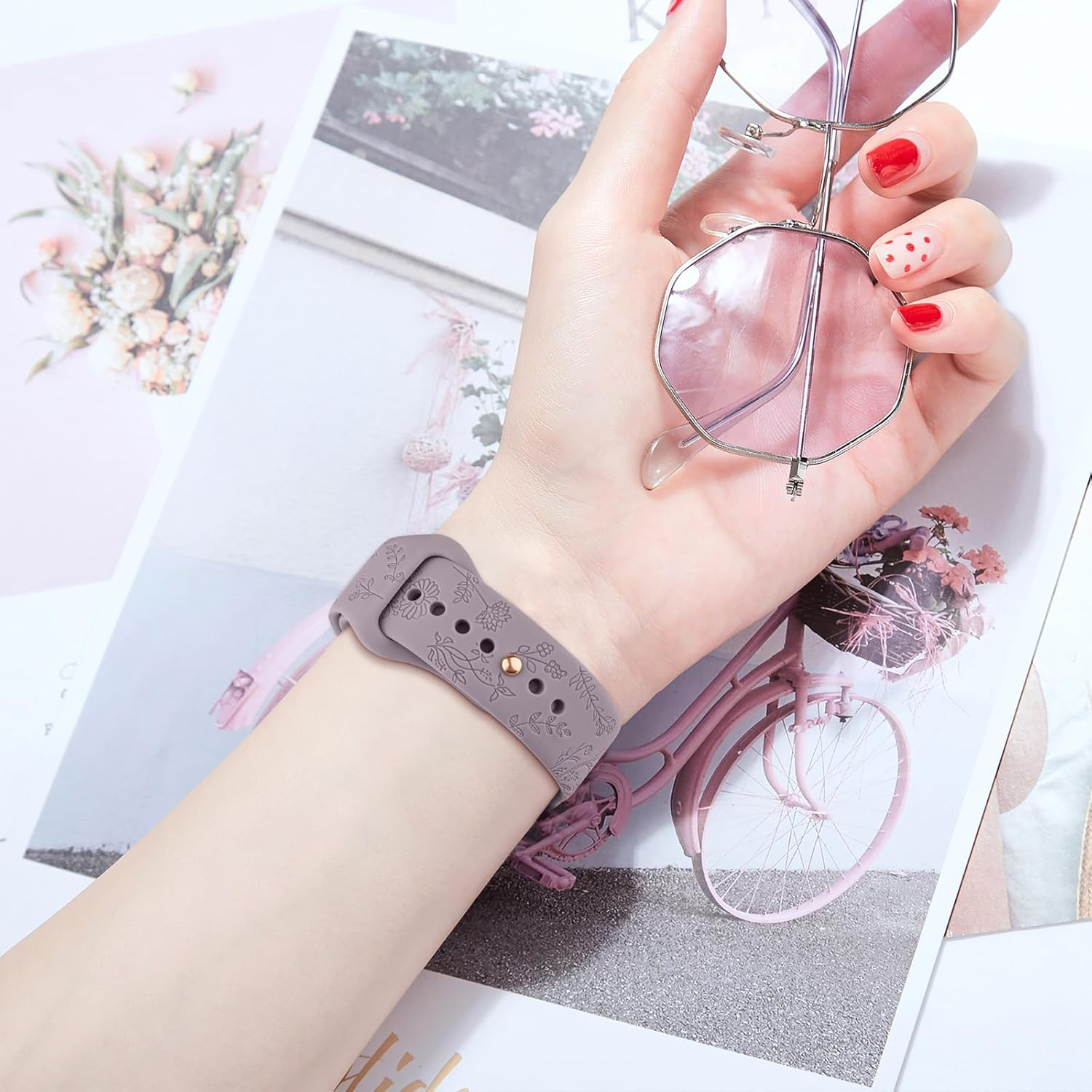 Floral Engraved Bands Compatible with Garmin Vivoactive 6/Vivoactive 5/3/3 Music,20Mm Soft Silicone Flower Pattern Sport Replacement Bands for Garmin Venu Sq/Venu Sq 2/Venu/Forerunner 165/55/245/245 - Black/Blue Gray/Olive Green image number 4