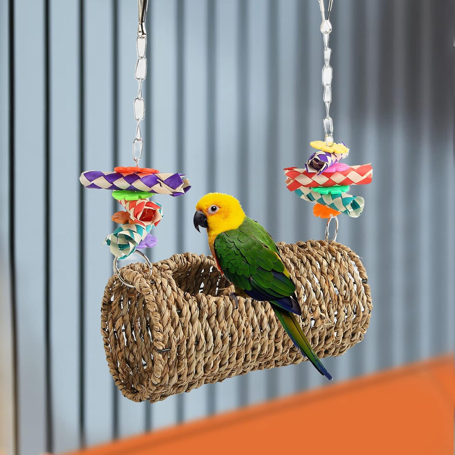 Parrot Grass Tunnel, Seagrass House Chewing Relaxing Swing Toy with Hole and Hook, Nest Snuggle Hut for Parrot Cockatiel Budgie Hamster image number 3