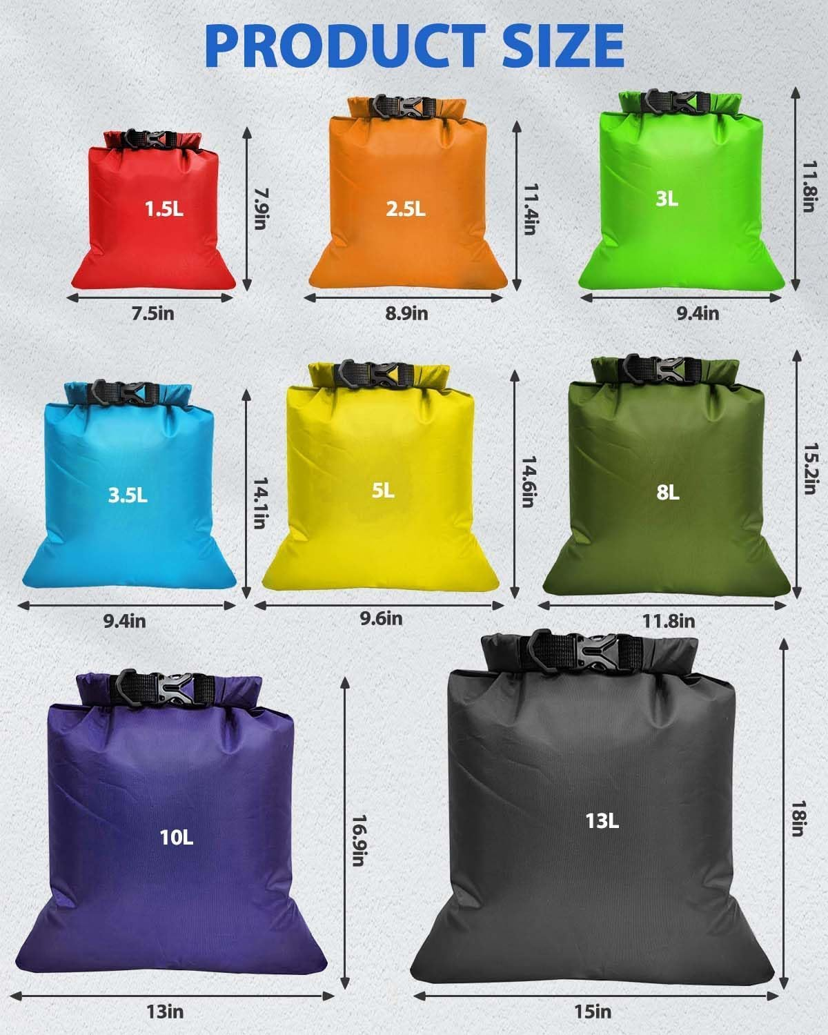 8 Pack Waterproof Dry Bag Set, Outdoor Sacks Keep Gear Dry for Hiking, Backpacking, Kayaking, Swimming, Boating, Camping, Water Proof Bag Eight Sizes and Colors image number 3