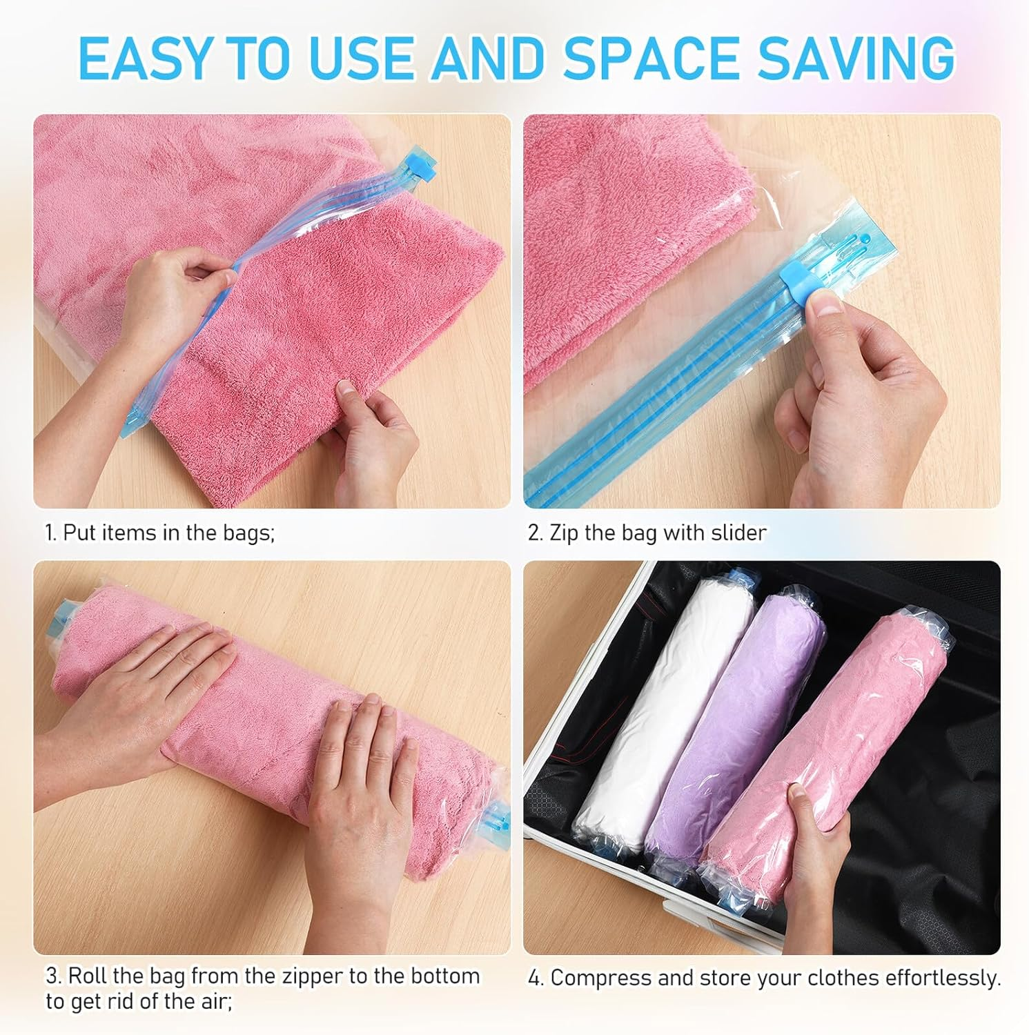 SHINEOFI 12 Pcs Travel Compression Packing Bags with Double-Sided Seal Vacuum Storage Organizers for Clothes Two Reusable Space-Saving Travel Essentials image number 2