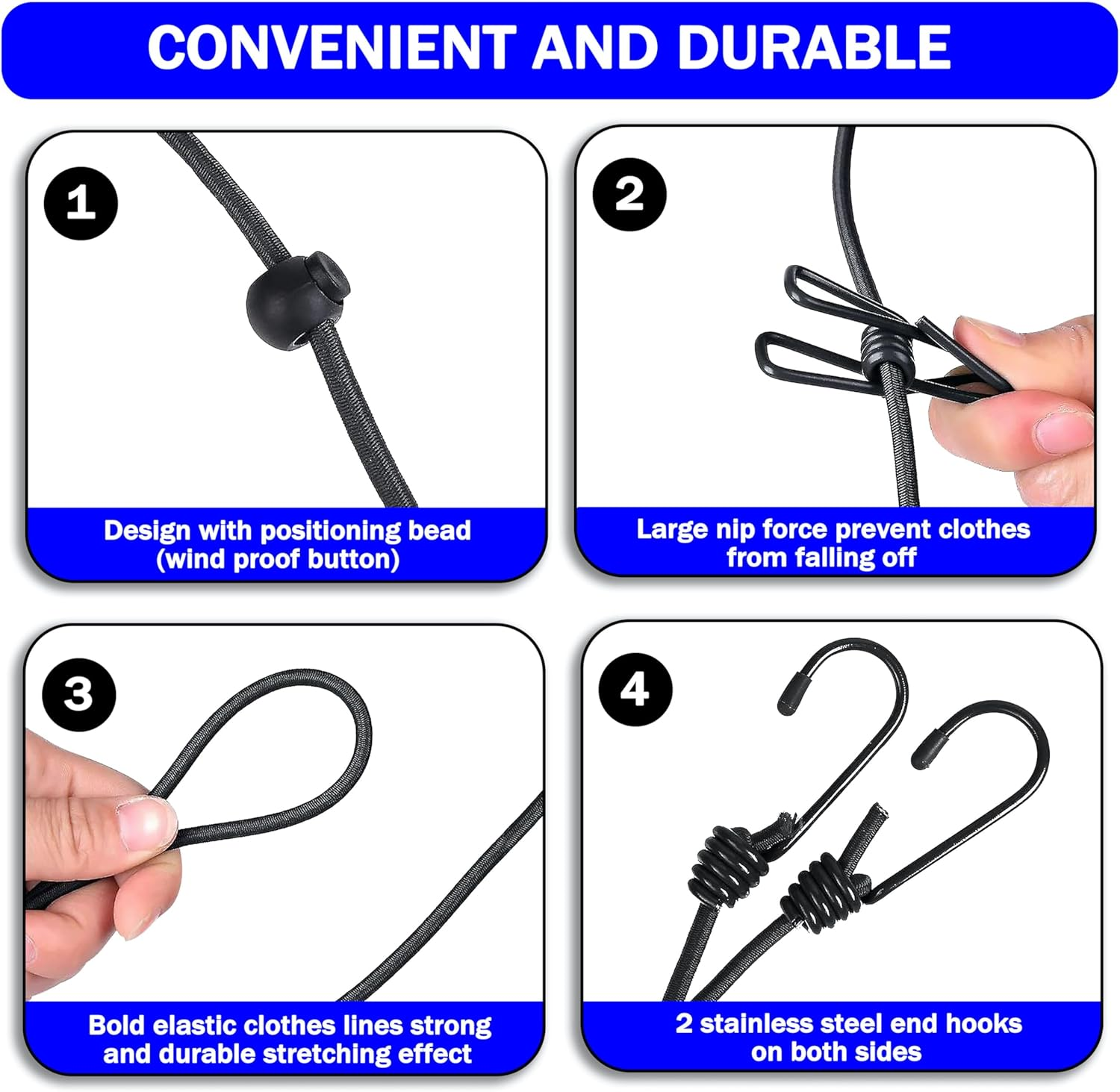 Portable Clothesline with 12 Clothespins, [2 Pack] Gvtech Windproof Travel Clothesline Stretchy Retractable Elastic Laundry Clothes Line for Backyard Vacation Hotel Balcony Clothes Drying (Black+Blue) image number 4