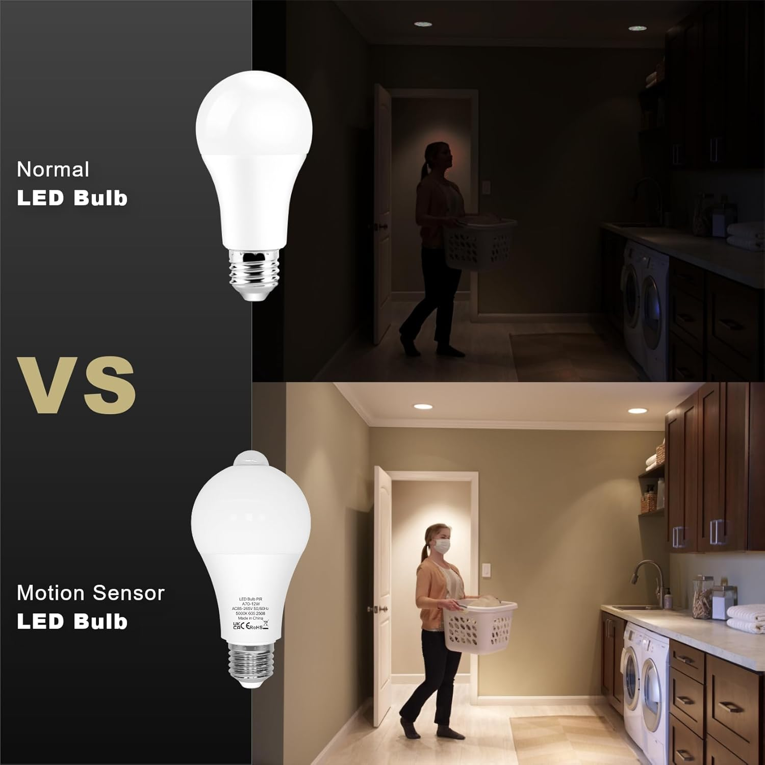 LUTW Motion Sensor Light Bulb, 12W E27 Screw Bulb Daylight White 5000K, Equivalent to 100W Incandescent, 900LM Auto On/Off Indoor Outdoor Security LED Bulb for Garage, Stairs, Hallway Basement, 2 Pack image number 3