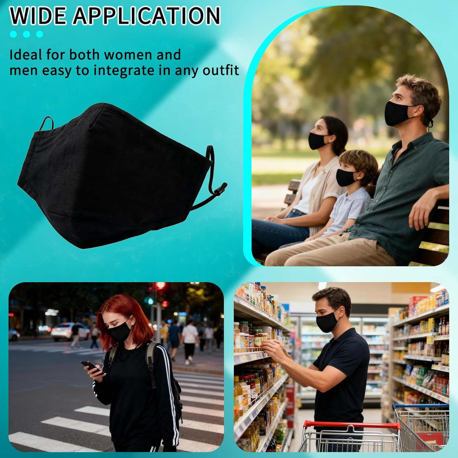 12 Piece Set of Black Cotton Face Masks with Carbon Filters Reusable Breathable Dust Masks for Daily Use, Black Face Masks, Daily Dust Masks, Non - Disposable Face Masks image number 6