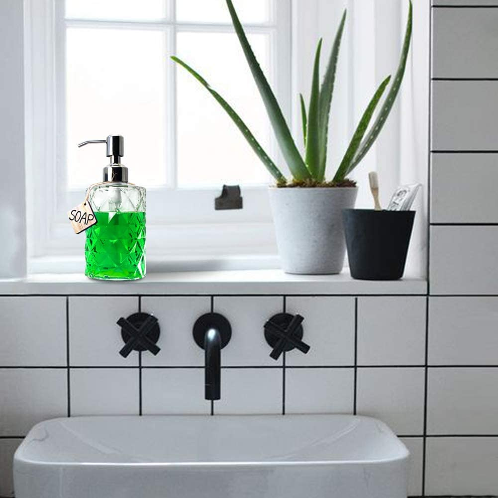 JASAI Diamond Design 12 Oz Glass Soap Dispenser, Kitchen Soap Dispenser with 304 Rust Proof Stainless Steel Pump, Bathroom Soap Dispenser for Hand Soap, Soap, Lotion(Clear). - Clearglass-Golden Pump image number 3