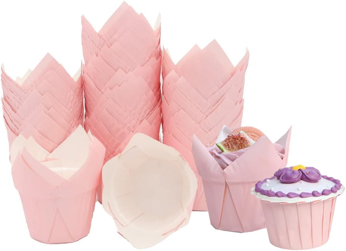 100-Piece Tulip Cupcake Liners | Greaseproof Muffin Cups for Baking Cakes, Weddings, Birthdays, Parties image number 1