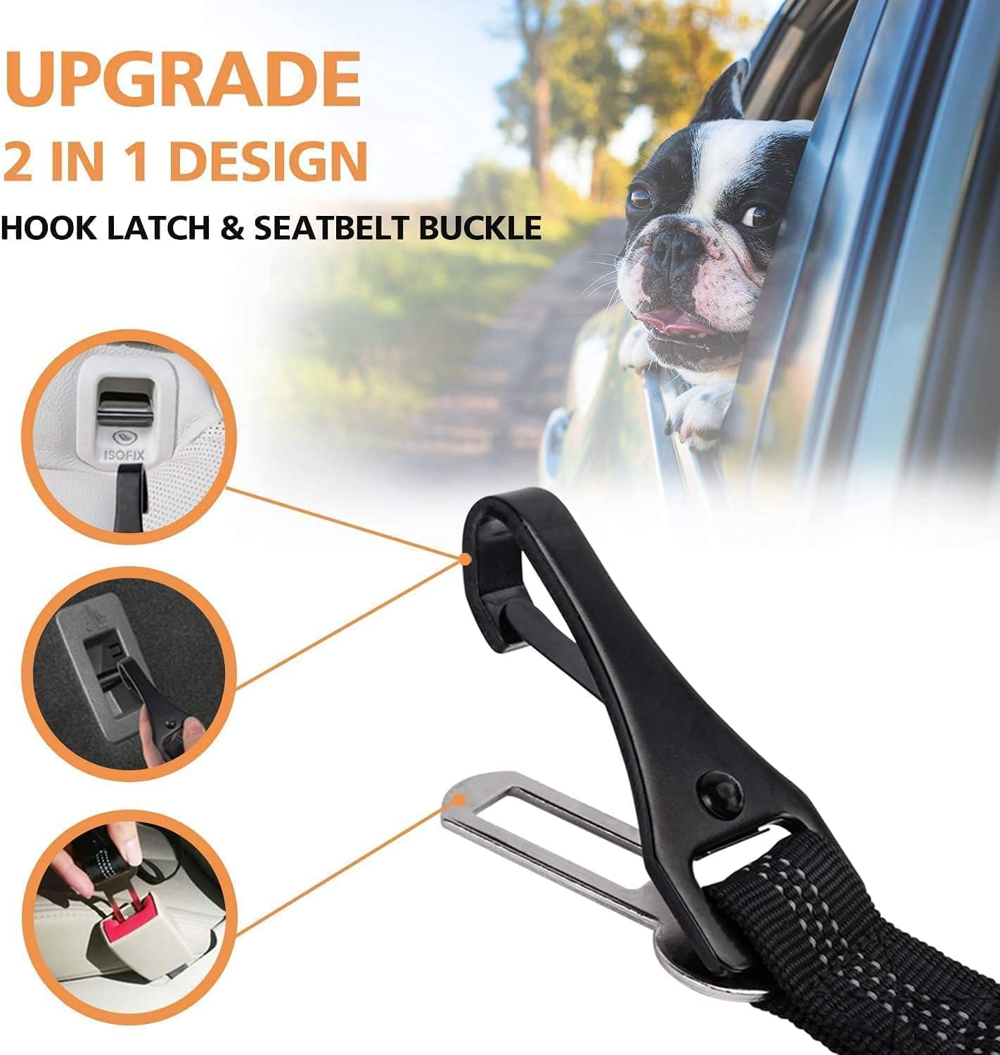 Kelivi 2-In-1 Dog Car Seat Belt 2 Packs Adjustable Dog Seat Belts for Car, Hook Latch Bar & Seatbelt Buckle Pet Dog Car Harness Belt for Vehicle Trip (Black) image number 4