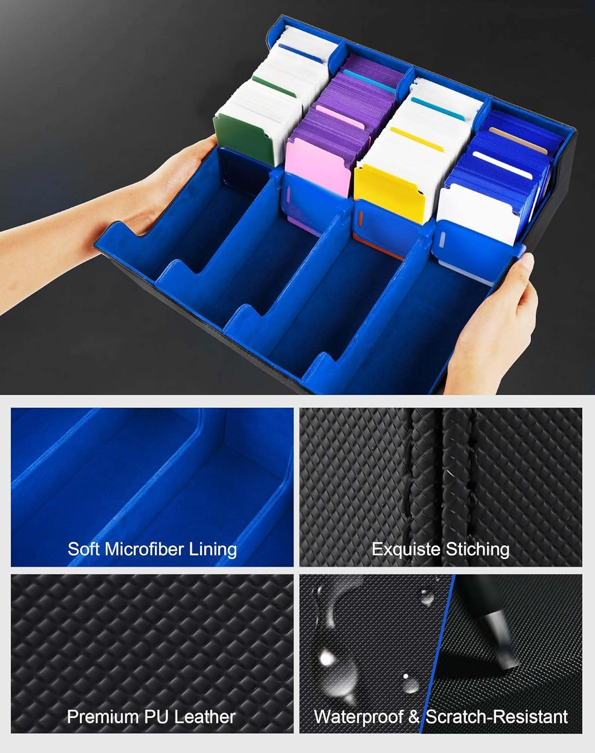 Cardnovux Trading Card Storage Box, Commander Card Deck Case Holds 2400+ Cards, MTG Deck Box with 4 Stoppers, Magic Card Organizer for TCG PTCG Cards (Black & Blue) - Black  Purple image number 5