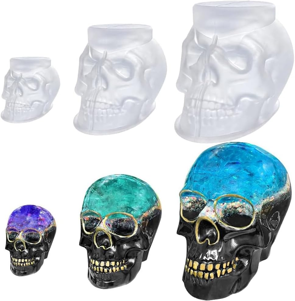 Set of 3 Skull 3D Resin Molds Large + Medium + Small, Flexible Clear Silicone Skull Head Molds, Silicone Molds for Resin, Soap, Clay, Candle Wax Casting, Halloween Home Decoration image number 6