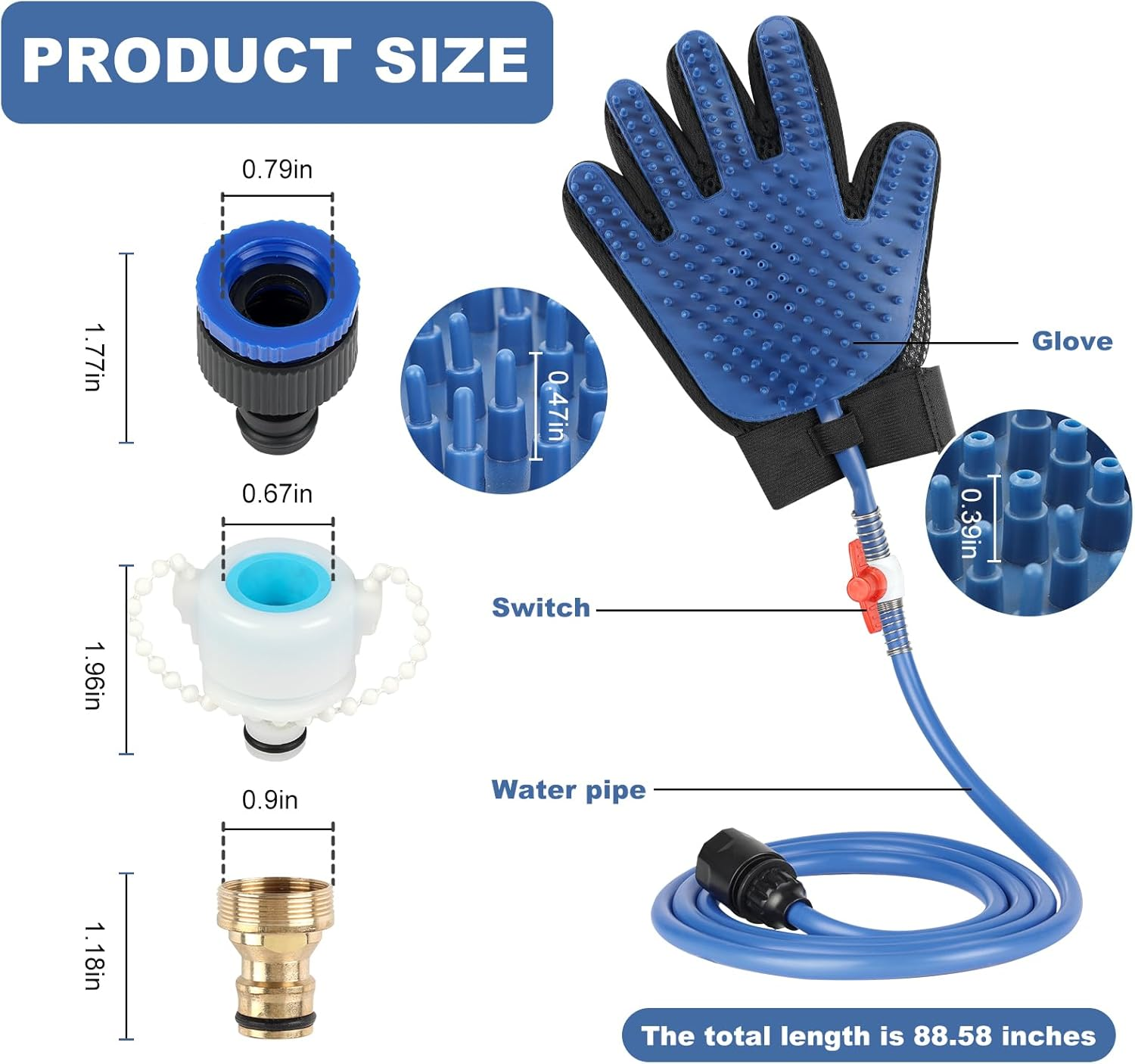 KECUSIN Pet Shower Sprayer, Dog Shower Attachment, Adjustable Spray Head with Massage Glove Style, Both Brush and Wipes, Dog Bath Tool Contains 88" Flex Hose, Two Indoor & Outdoor Faucet Adapters image number 1