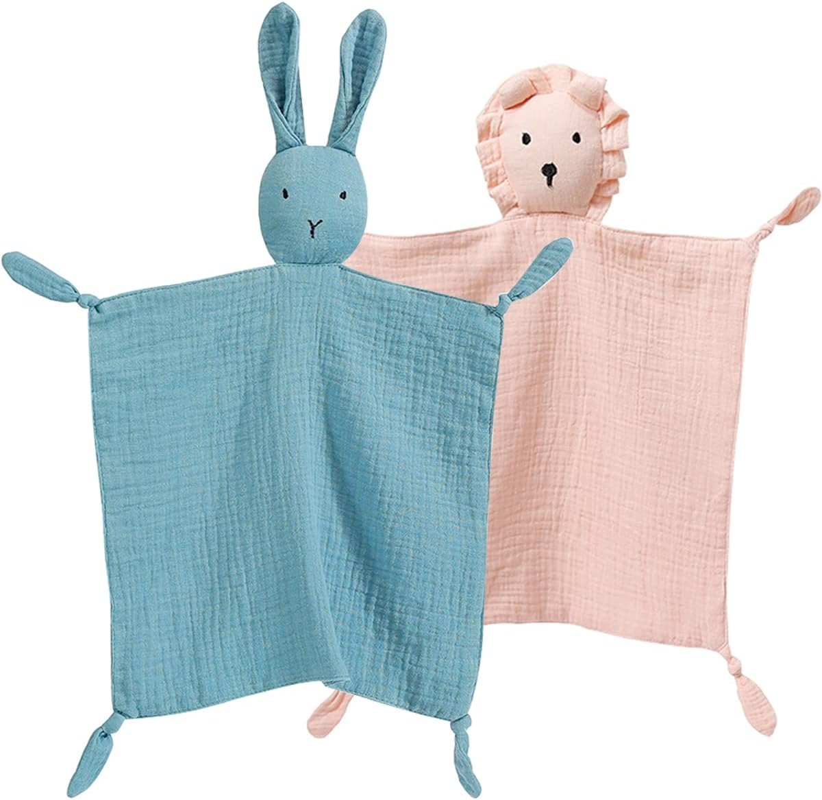 Bunny Lovey Blanket for Boys and Girls, Organic Cotton Muslin Security Blanket for Babies, Soft Breathable Lovie Soothing Towel for Newborn and Infant, 2 Pcs Set