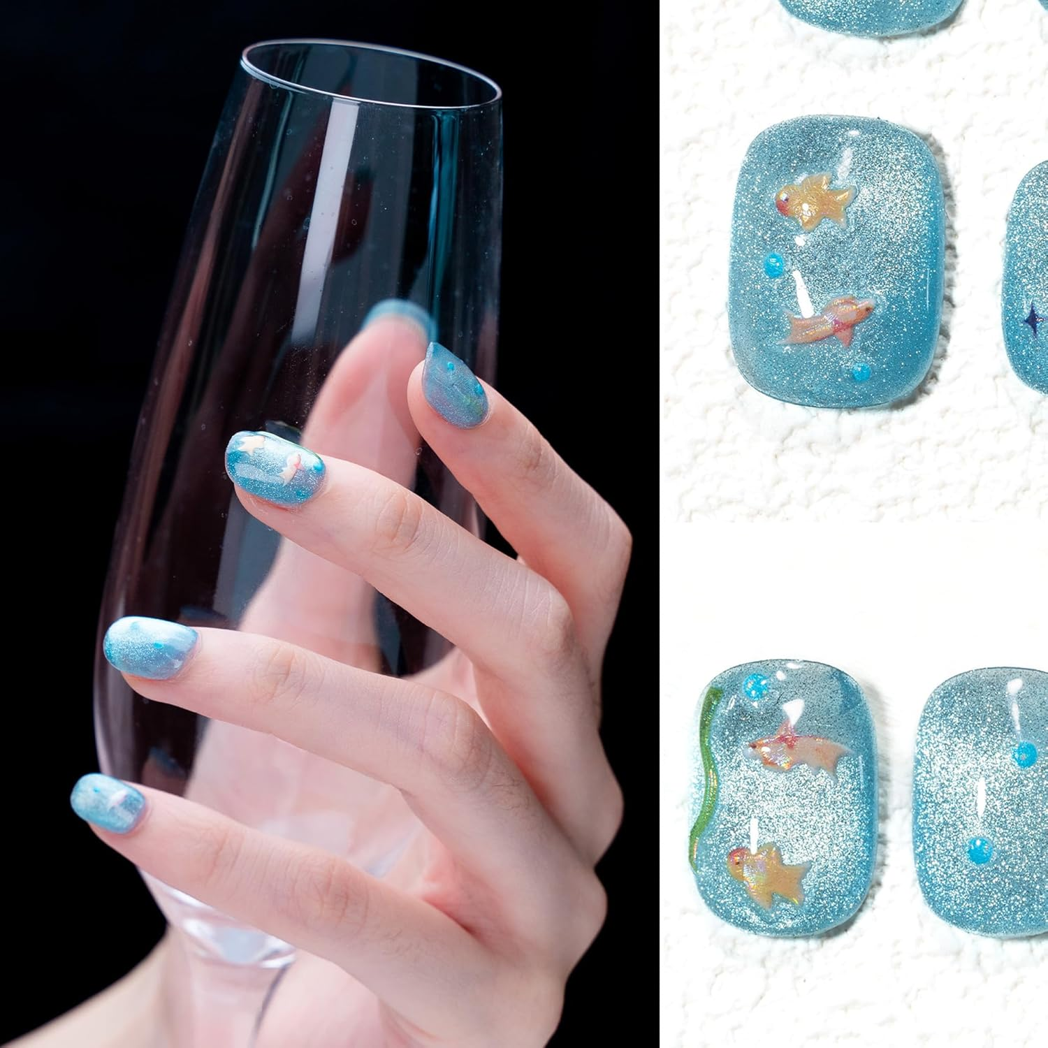 Sun&Beam Nails Handmade Press-On Short Squoval round Blue Cartoon Summer Minimalist Design Fashion False Nail Tips 10 Pcs Set (#246 S) - M image number 2