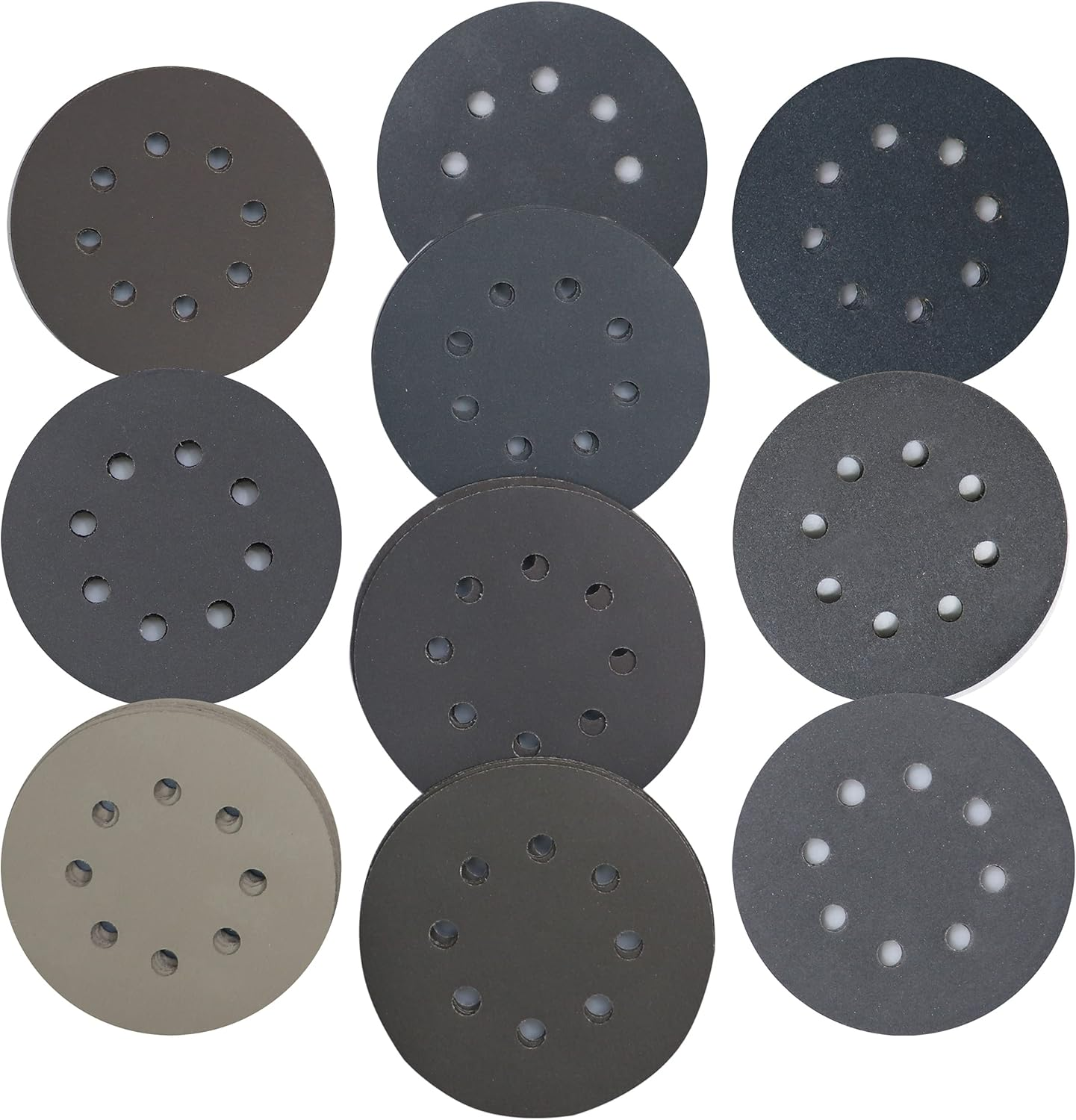 Piowio 50 Pcs 5 Inch 8 Holes Sanding Discs 120 180 240 320 400 600 800 1200 1500 2000 Compatible for Random Orbital Sander (#120 - #2000 Each Grit 5 Pcs Black)