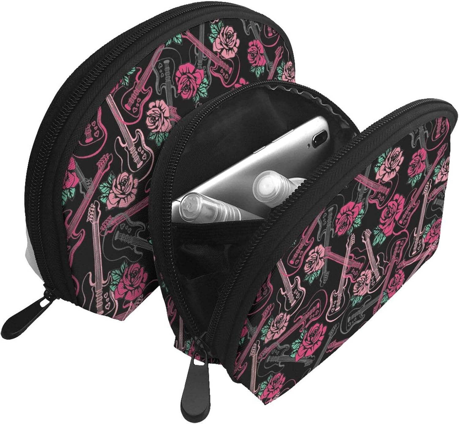 Cozimangoe Coin Pouch Makeup Bags Set, 2 Piece Shell Shape Cosmetic Bag with Pockets for Daily Travel Handbag Lipstick Keys Toiletry, Personalized Guitar and Rose image number 1