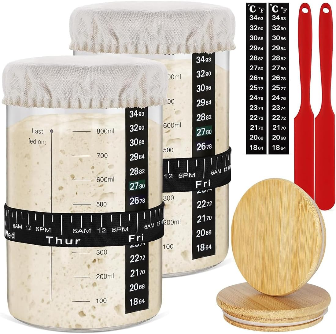 REASOR 2 Pack Sourdough Starter Jar Kit,35 Oz Glass Jars with Wooden Lids, Cloth Covers, Date Tracking Bands, and Silicone Spatulas for Artisan Bread Making image number 2