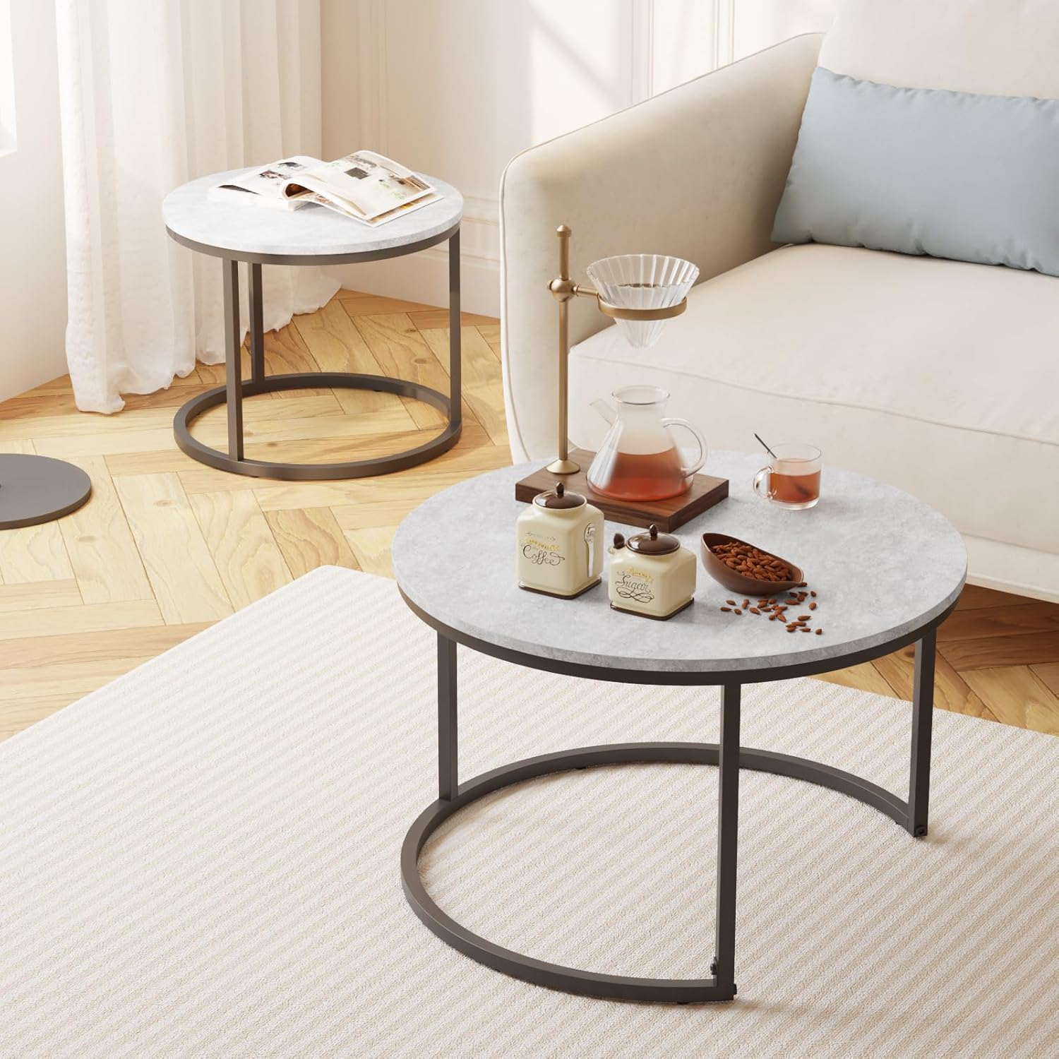 Round Coffee Table, Modern Marble Effect Nesting Table Set of 2 with Metal Frame for Living Room Balcony and Small Space image number 1
