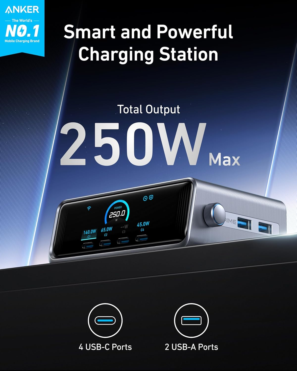 Anker Prime Charger, 250W Gan Prime USB C Charging Station, Ultra-Fast 6-Port, 2.26" LCD Display and Smart Control Dial, Compatible with Macbook Pro/Air, Iphone 16/15/14, Galaxy, and More (Silver)