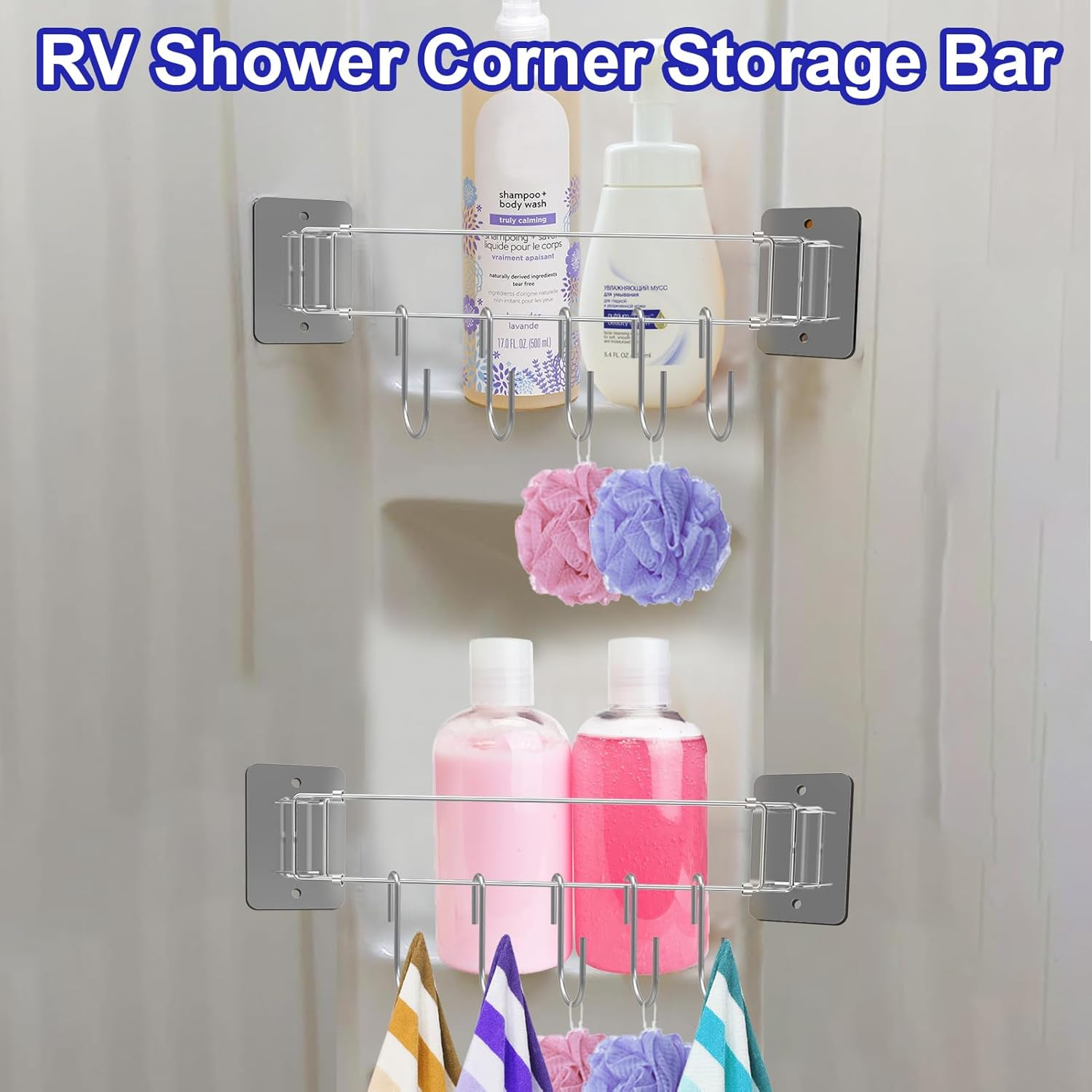 2PCS Rv Accessories for Inside, RV Shower Corner Storage Bar with 5PCS Hooks, Adjustable Tension Rods 7-13 Inches, Camper/Travel Trailer Accessories Organizing Kitchen/Bathroom image number 3