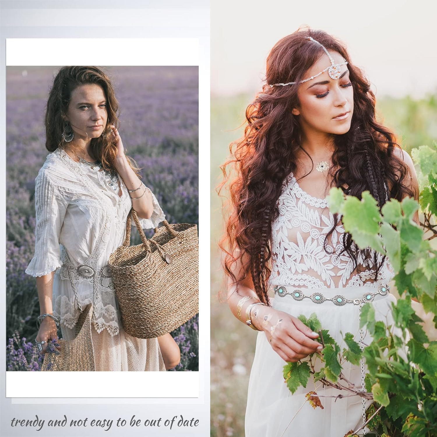 Junkin 2 Pcs Women Concho Western Chain Belts Turquoise Chain Belts Antique Western Waist Belts Country Metal Belt Link Belt image number 4