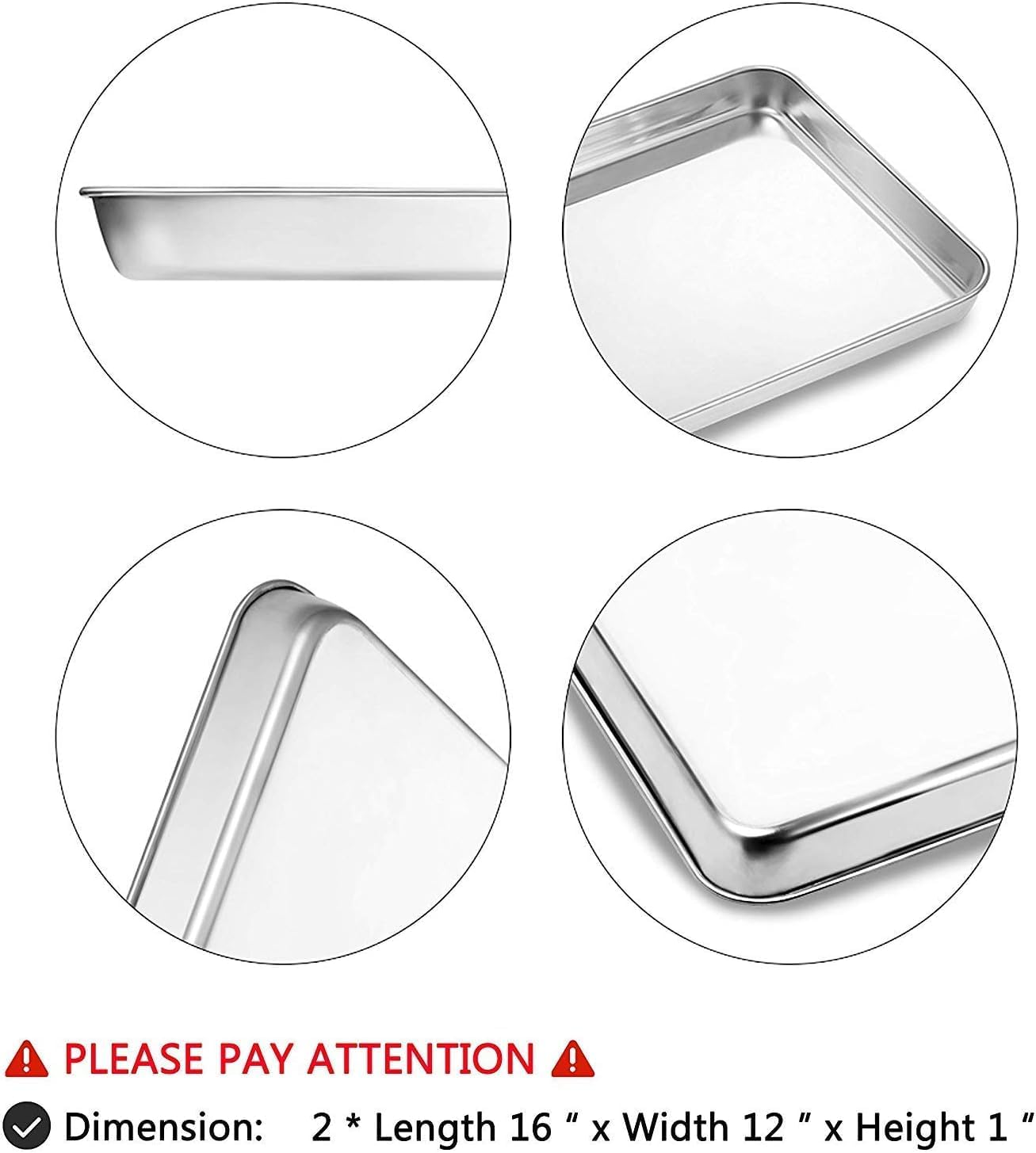 Baking Sheets Set of 2, Stainless Steel 2-Piece Cookie Sheet, Toaster Oven Baking Pan Set, Rectangle Size 16 X 12 X 1 Inch, Healthy & Non Toxic, Mirror Finish & Rust Free, Dishwasher Safe(16Inch) image number 2