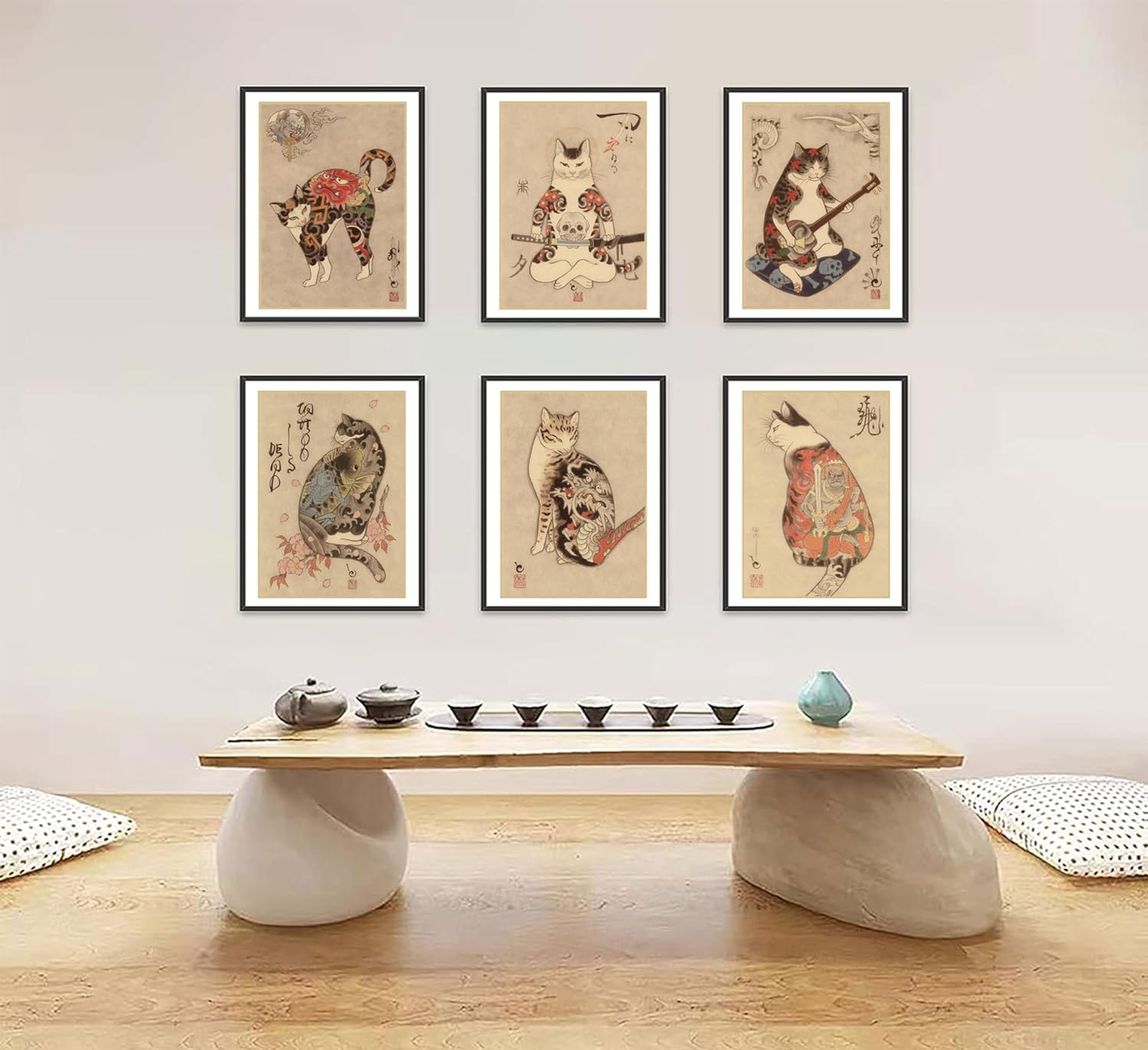NBYARTQ 6Pcs Japanese Samurai Cat Wall Art Prints of Posters Japan Bushido Decor Kung Fu Paintings Tattoo Funny Fantasy Photo Picture Canvas Poster Painting for Living Room Print Bedroom Home Artwork image number 4