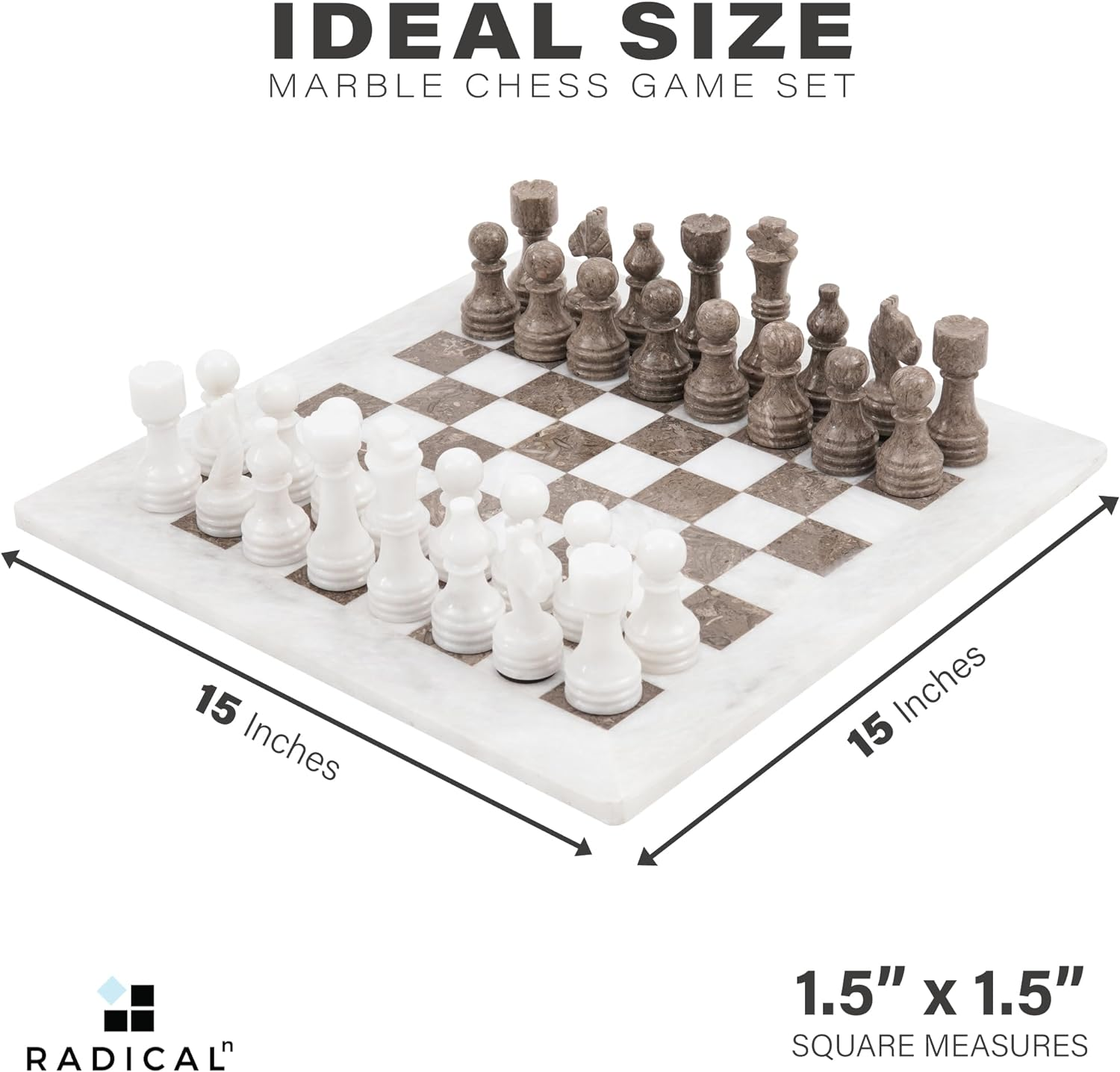 Radicaln 15 Inches Large Handmade White and Grey Oceanic Weighted Marble Full Chess Game Set for Adults Staunton and Ambassador Gift Style Tournament Chess Sets -Non Wooden -Non Glass -Not Backgammon image number 2