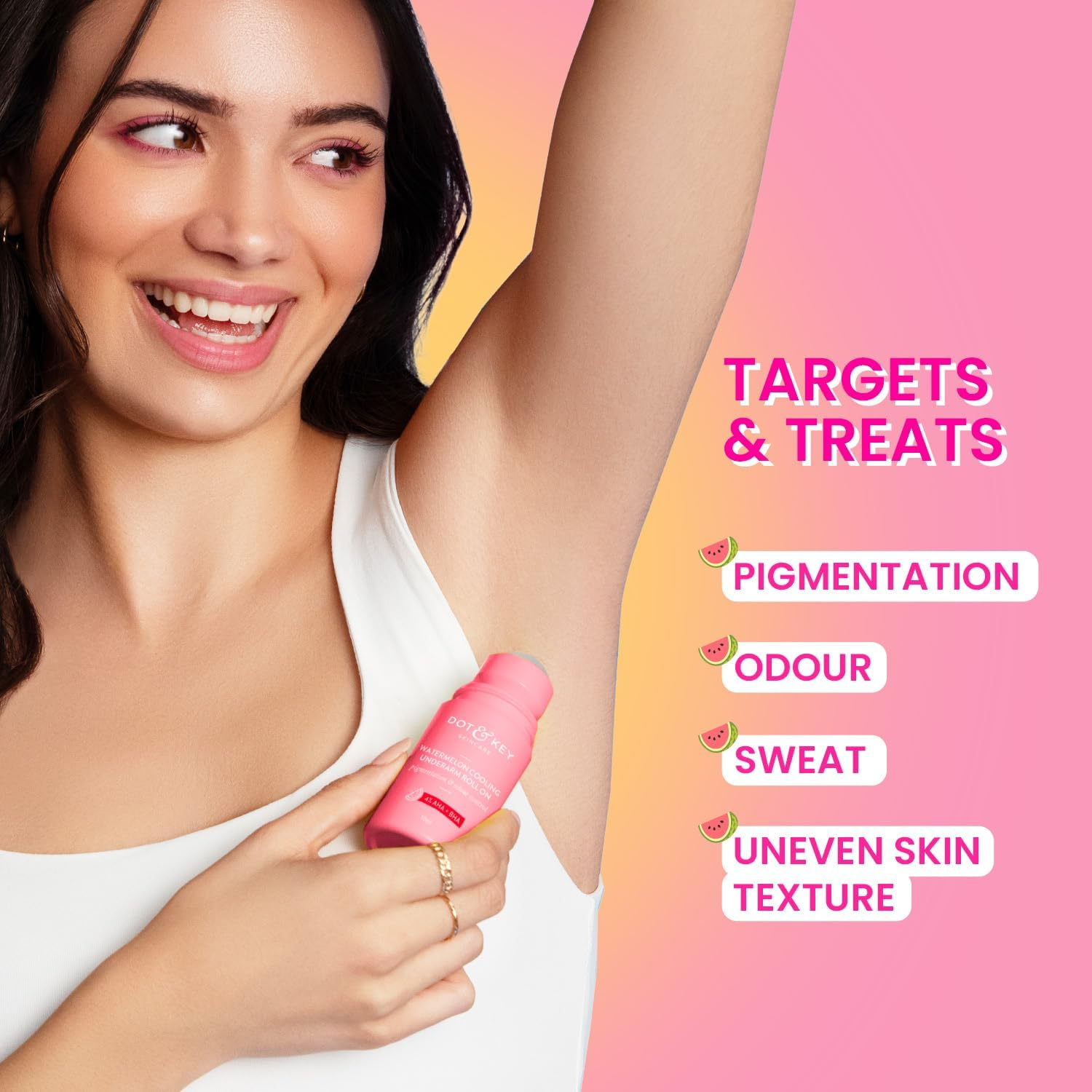 Dot & Key Watermelon Cooling Underarm Roll on | Odour & Sweat Controls | 4% AHA + BHA | Fresh Aqua Fragrance | Gently Exfoliates & Smooths Skin | for Men & Women | 50Ml image number 3