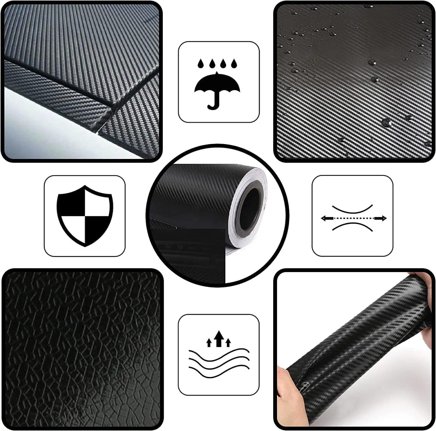 Black 6D Carbon Fiber Vinyl Wrap, Gloss Black, Uv-Resistant, Waterproof, Flexible Film for Car Detailing, Compatible with Motorcycles and Vehicles - Fengea image number 2