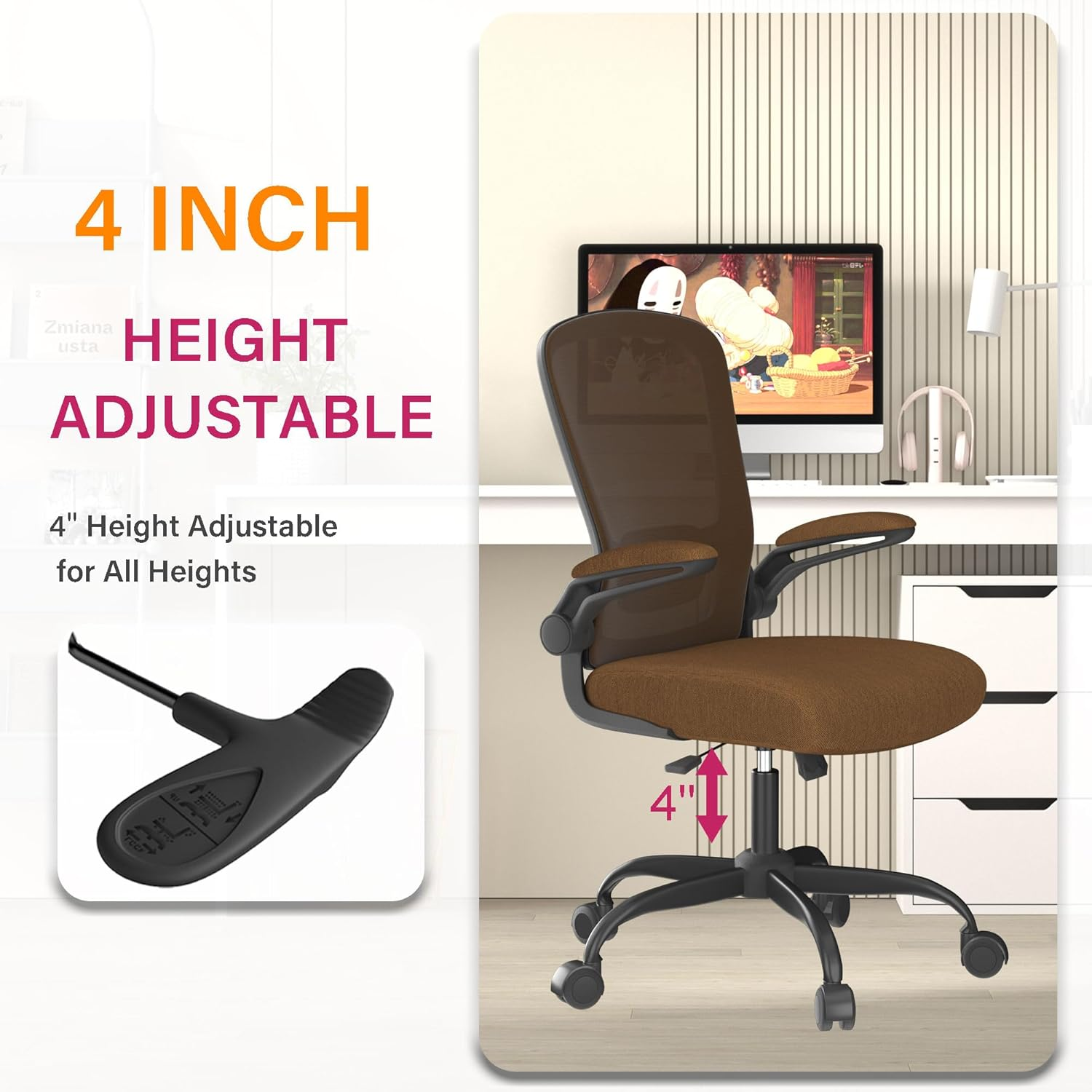 Office Chair, Ergonomic Desk Chair with Adjustable Lumbar Support, High Back Mesh Computer Chair with Flip-Up Armrests-Bifma Passed Task Chairs (Modern, Caramel)