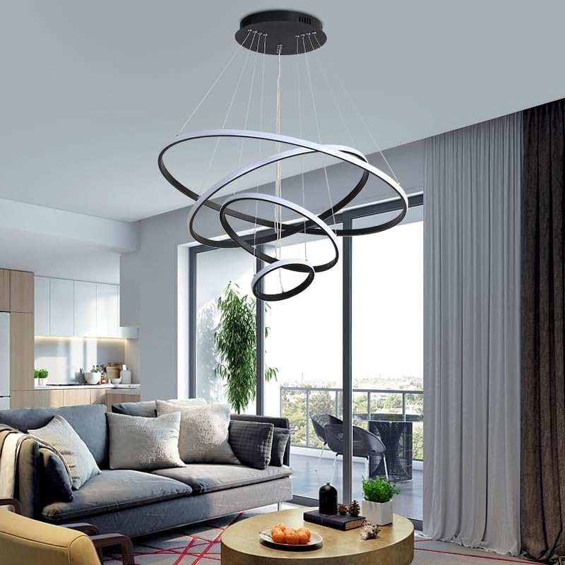 USOR Modern LED Chandelier, Dimmable Pendant Light with Remote Control Rings round Ceiling Lighting Fixture 3 Color Temperatures Contemporary Black Chandeliers for Bedroom Living Dining Room Kitchen image number 5