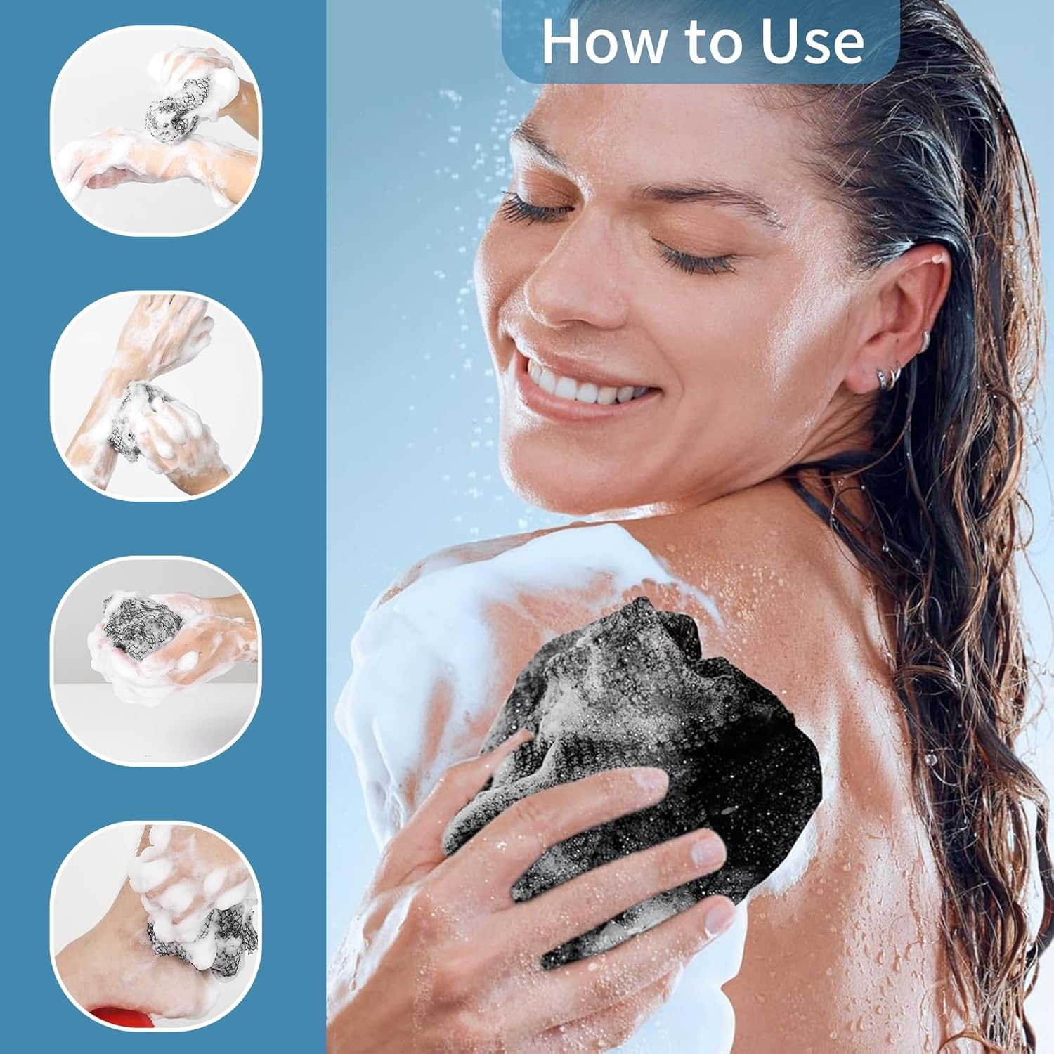 3 Pieces African Bath Sponge, Long Exfoliating Shower African Net, Body Back Scrubber Bath Scrubber Sponge for Skin Smoother, Exfoliating Bathing African Net Great for Men Women Daily Use (BK) - Be image number 5