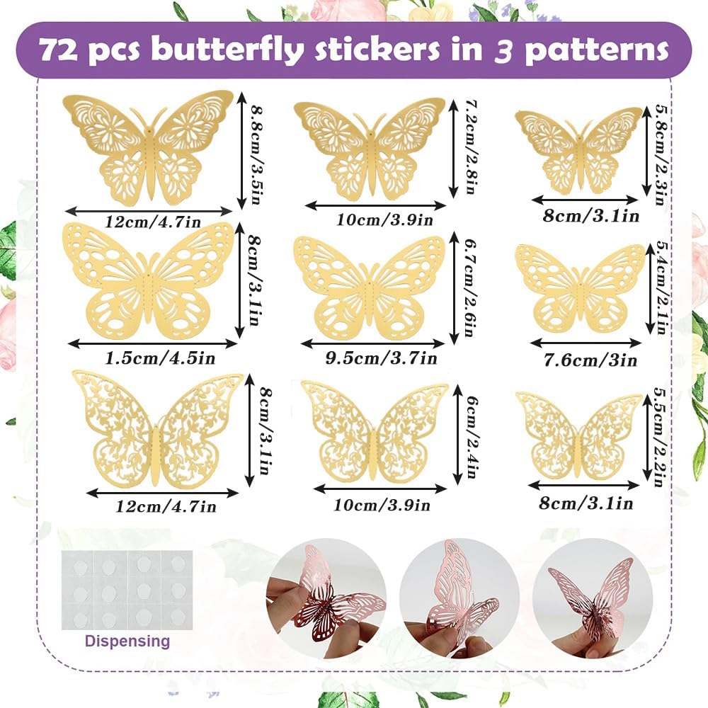 3D Pink Butterfly Wall Decor Stickers for Birthday Party Cake Decorations, Removable image number 2