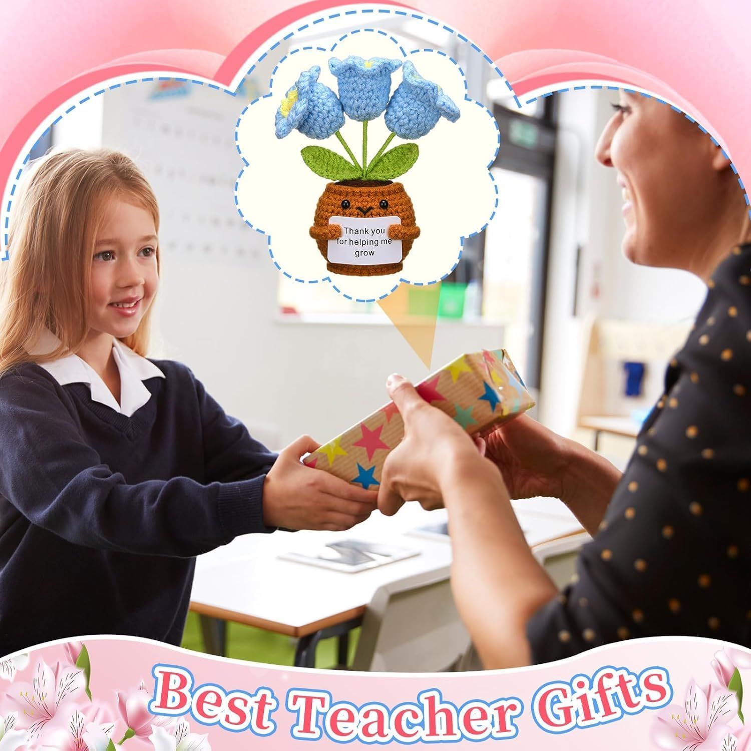 3 Pcs Teacher Appreciation Gifts, Crochet Doll with Card Thank You for Helping Me Grow Teacher Thank You for Birthday Home Office Decor(Bell Orchid) image number 1