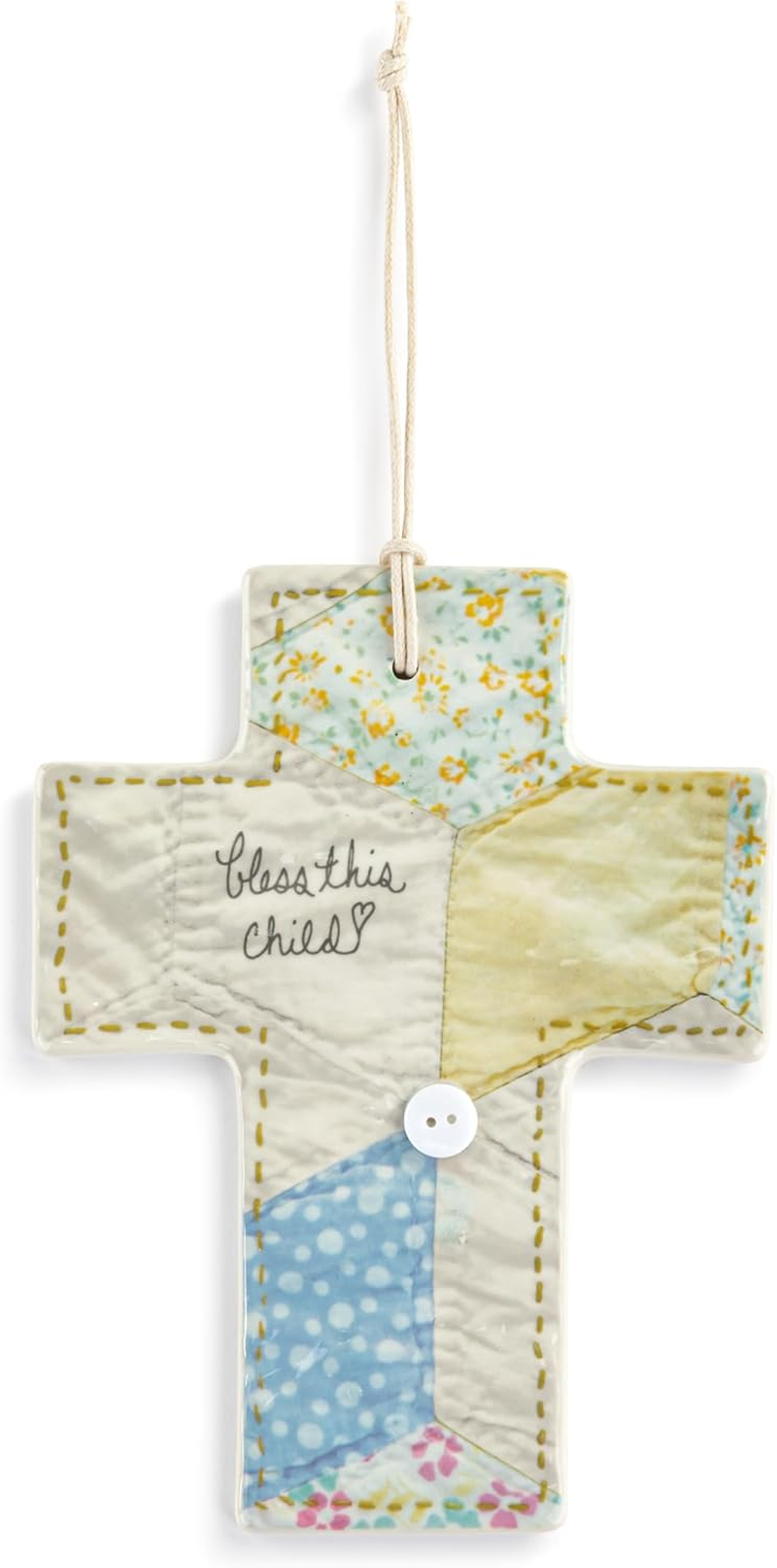 DEMDACO Tender Blessings Collection Bless This Child Stoneware Quilted Patchwork Wall Cross 5 X 6.5 Inch Fabric Religious D&eacute;cor Nursery, Baby Room, Kids Room - Baptism, Christening, Baby Shower Gift