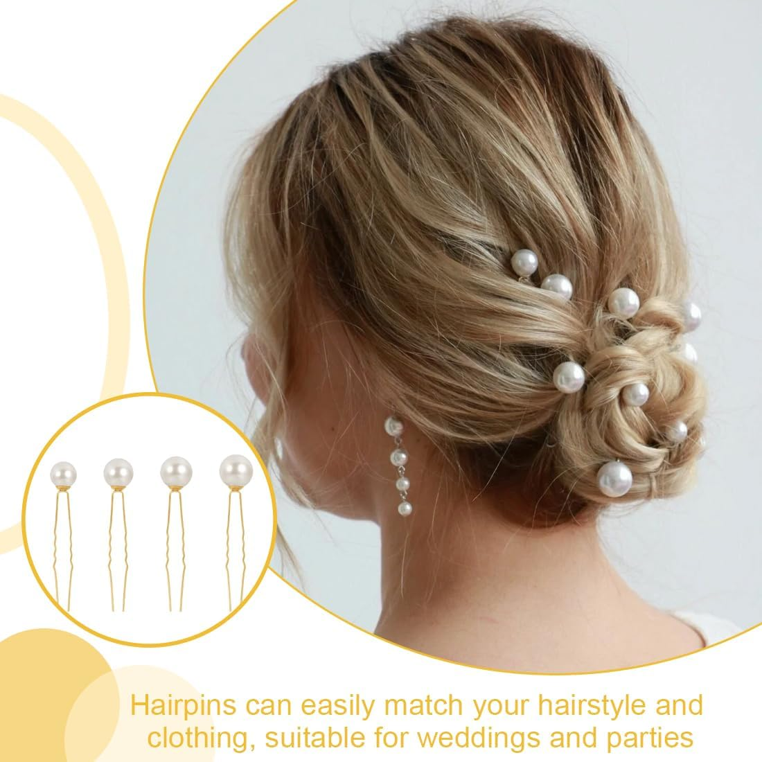 Weddhuis 8 Pieces Hair Pins with Beads, U Shaped Hair Accessories, Pearl Hair Pins for Bride, Wedding, Prom, Party, Girls, Bridesmaid (4 Sizes) (Gold) image number 5