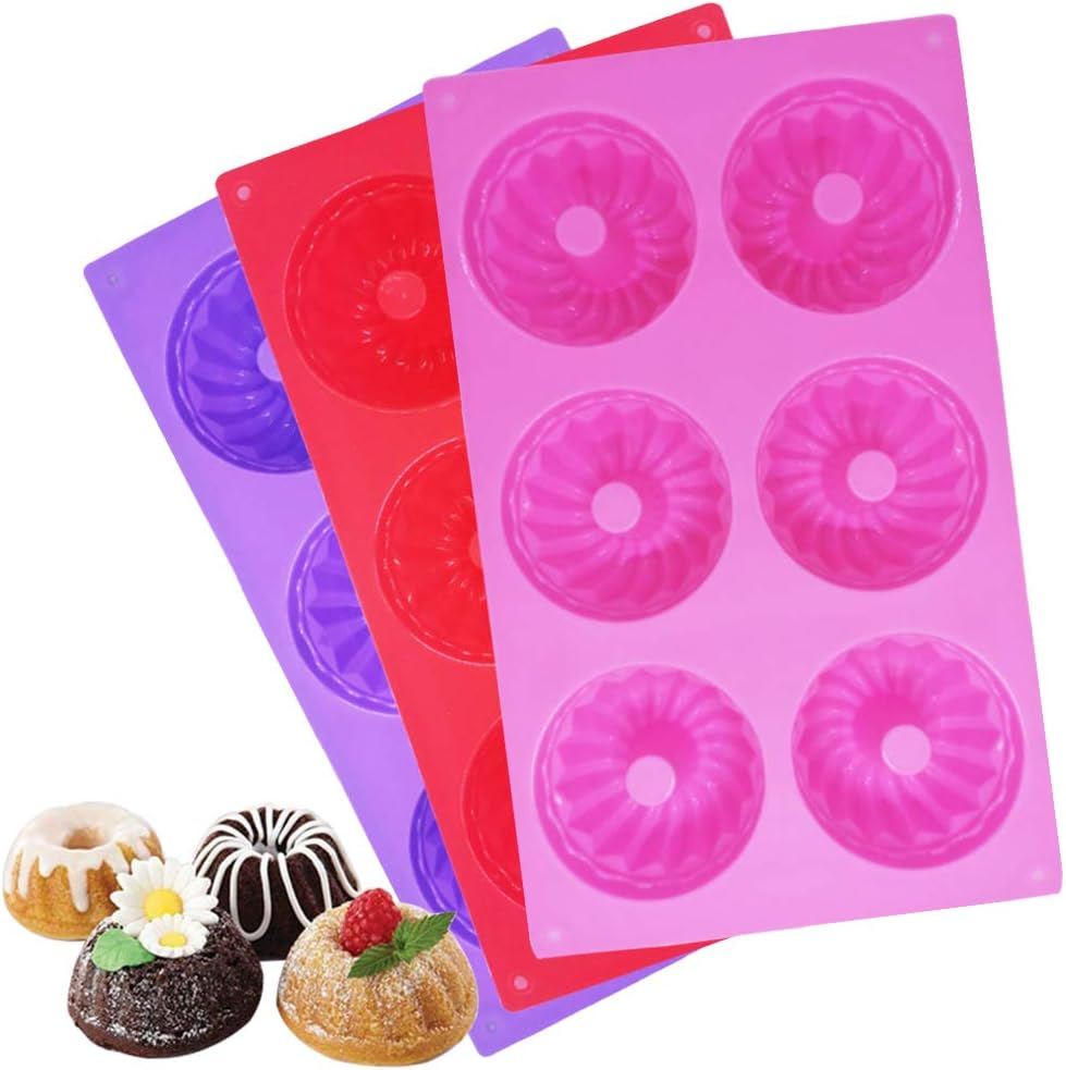 Findtop 3 Packs Silicone Mini Fluted Cake Pans, Mini Tube Cake Baking Pan for Muffin Cups, Coffee Cake, Cupcake, Brownie- Pink, Purple, Red image number 4