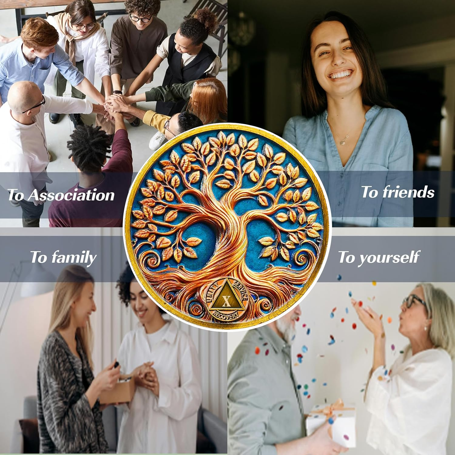 Tree of Life 10 Year Sobriety Coin, Recovery & Growth AA Medallion, One Year Golden Sober Coin for Addiction Recovery, Alcoholics Anonymous Sober Gifts for Women Men Sponsor - 12 Year Sober image number 7