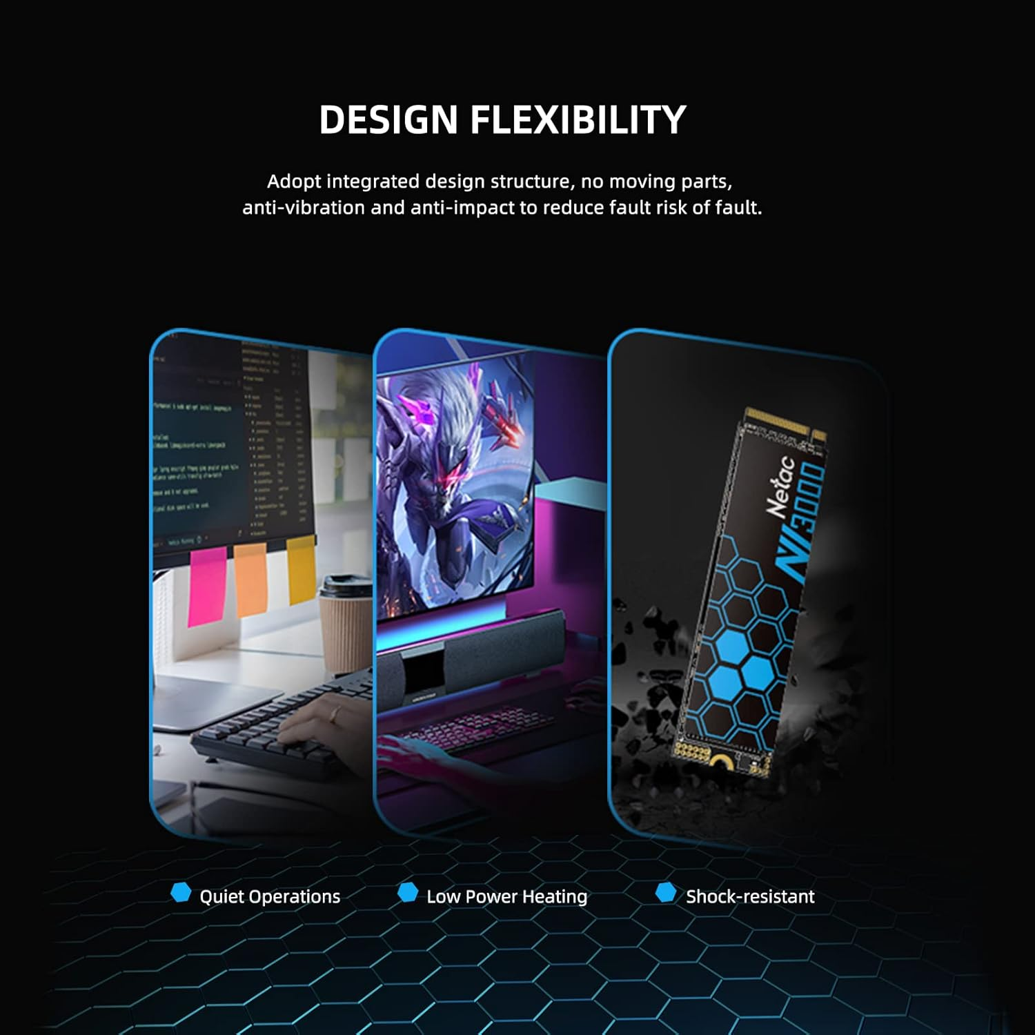 Netac 500GB NV3000 M.2 Nvme SSD, M.2 2280, Pcie Gen3.0X4 NVME1.4, 3D NAND, R/W 3100/2100 Mb/S, 200K/190K IOPS Silence Low Power Consumption Vibration Resistance Impact Resistance image number 3