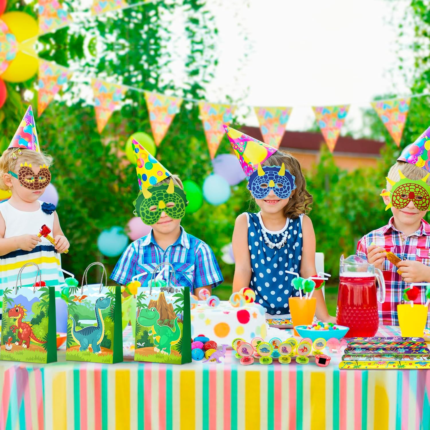 96Pcs Dinosaur Party Favors for Kids All-In-One Dinosaur Birthday Party Favors Set Dino Party Favor Bags Keychains Stampers Stickers Toys Clap Bracelets Etc Dinosaur Birthday Party Supplies image number 1