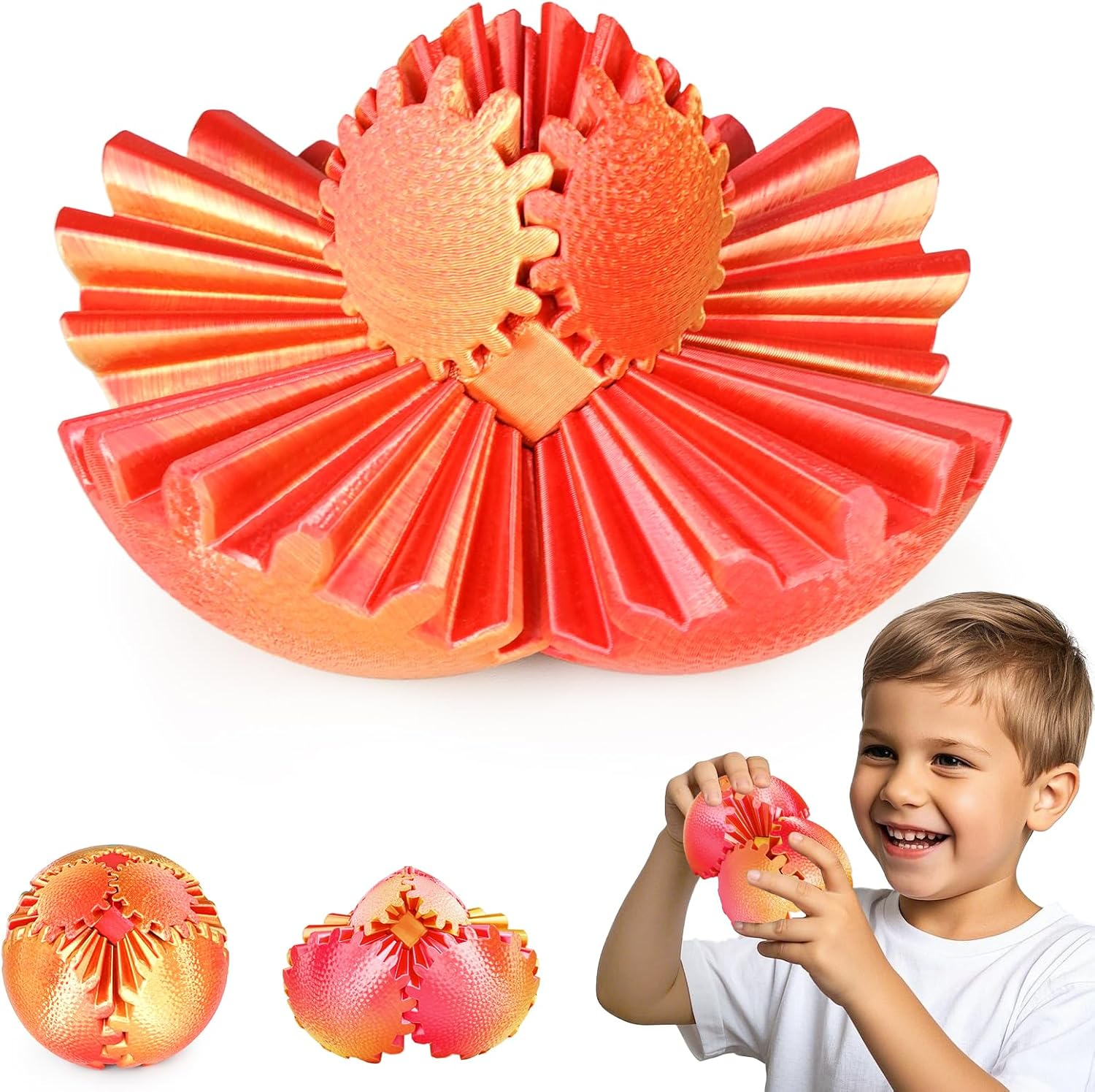 Gear Ball Fidget Toys Steampunk Gear Sphere Stress Relief Sensory Toys Autistic Kids Adults 3D Printed Unique Funny Gifts Birthday Christmas Stocking Stuffer Easter (Sunset Red, Dia. 8Cm ) image number 3