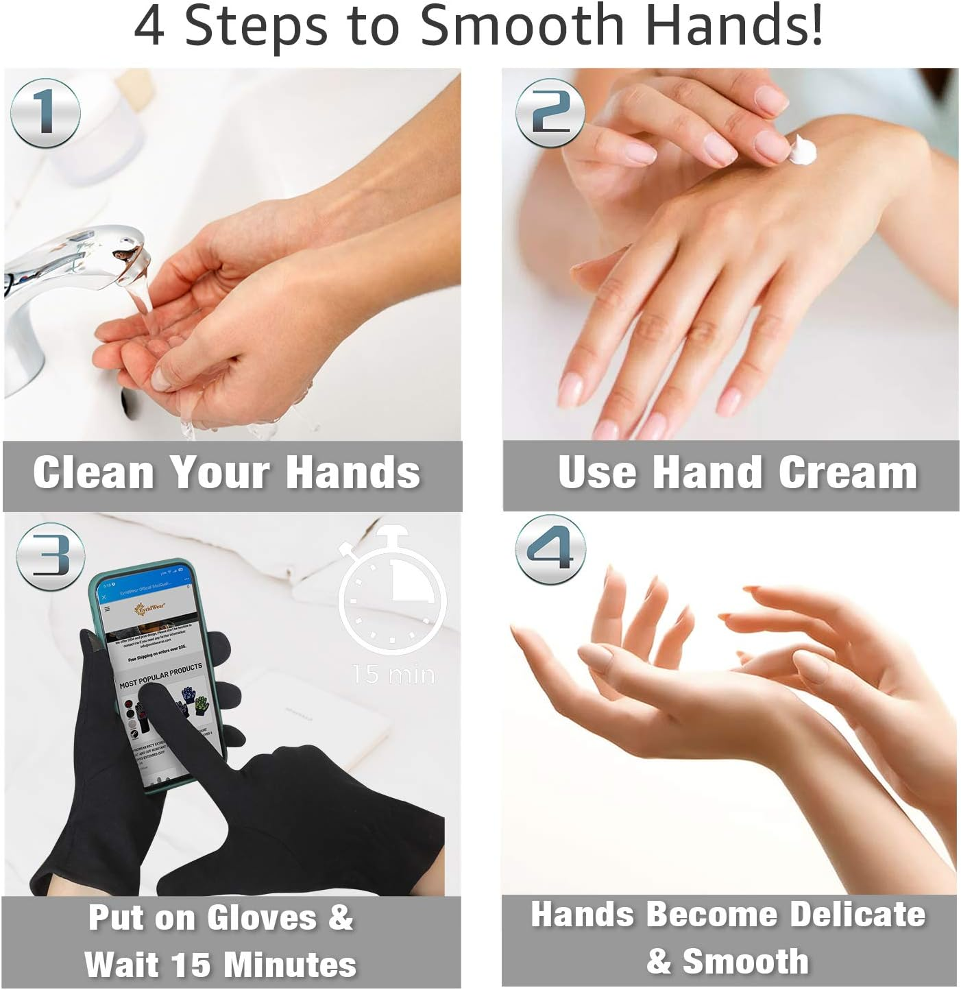 Evridwear 100% Cotton Touchscreen Moisturizing Beauty Gloves with Elastic Cuff, Natural Cosmetic Therapy Gloves for Eczema SPA Dry Hands Care Overnight (Black, Small) 2 Pairs