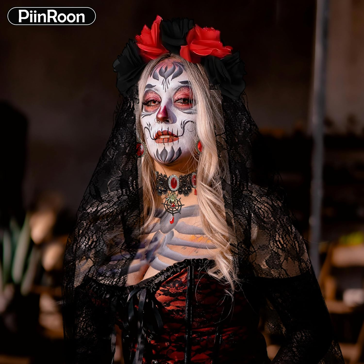 Piinroon Day of the Dead Headband, 5 Pcs Day of the Dead Costume, Halloween Headband Necklace Earrings Gloves Socks for Women image number 6