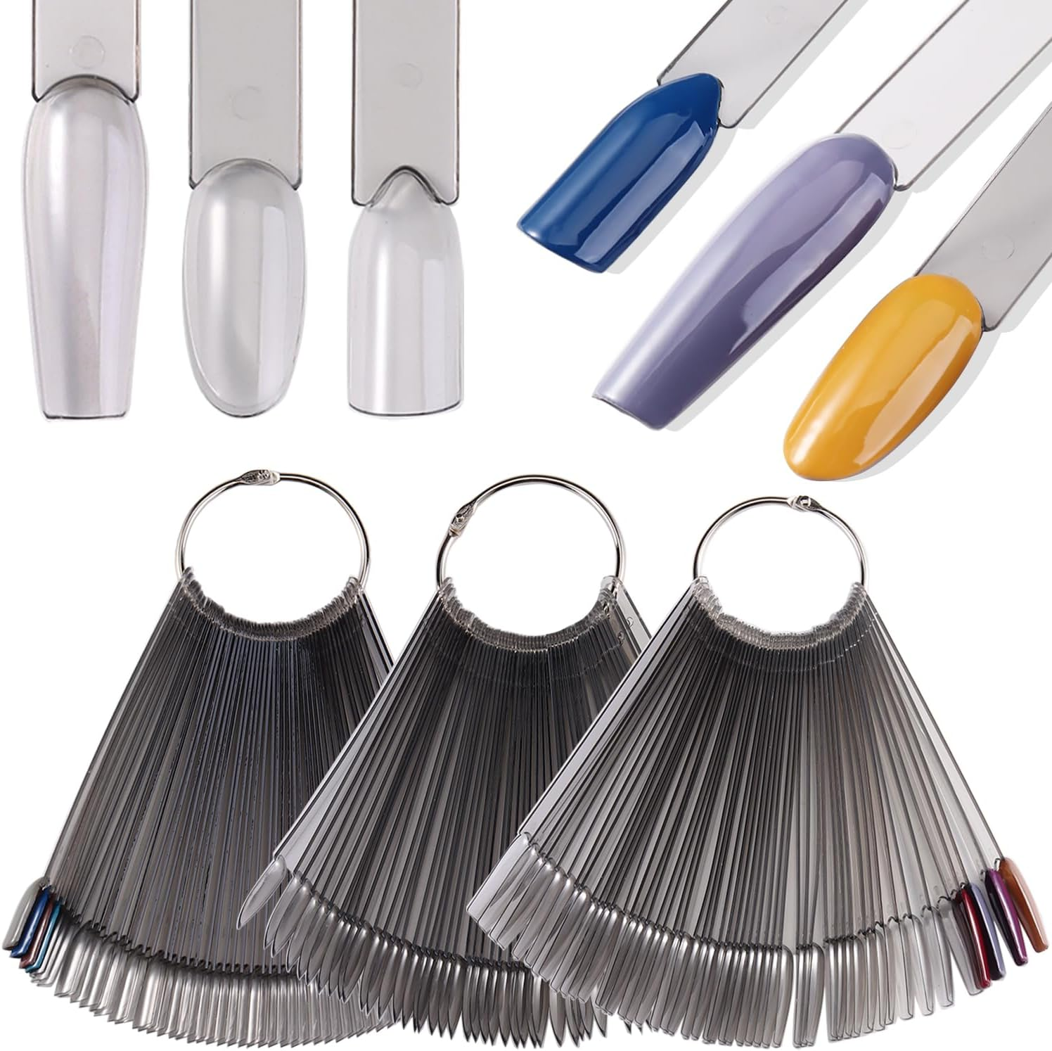 150Pcs Nail Pattern Sticks with Ring Ballerina Square Oval Nail Color Pattern for Nail Display False Nail Sample Sticks Practice Nail Tips Transparent Black Board image number 6