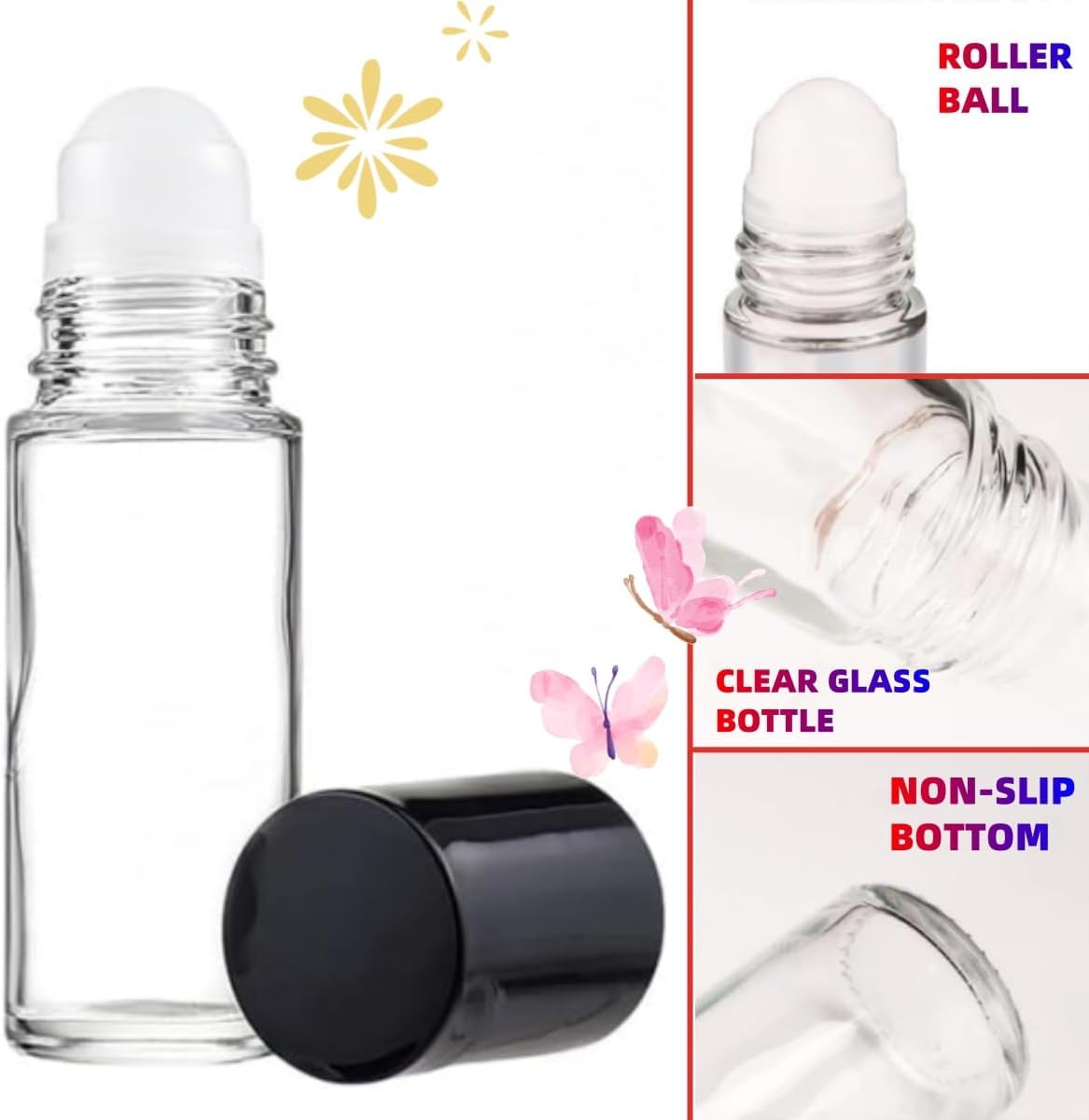 4 Pcs 50Ml Essential Oil Bottles,Refillable Glass Roll On, Elegant Design,Perfume Roller Bottles with Plastic Roller Balls and Lids (Clear)