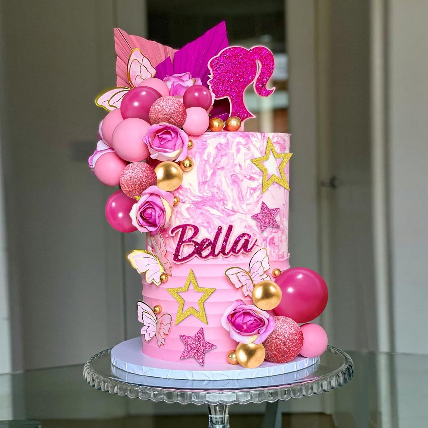 Hot Pink Girl Cake Topper Balls Cake Decorations with Shiny Stars for Wedding Baby Shower Birthday Supplies (Stars) image number 5