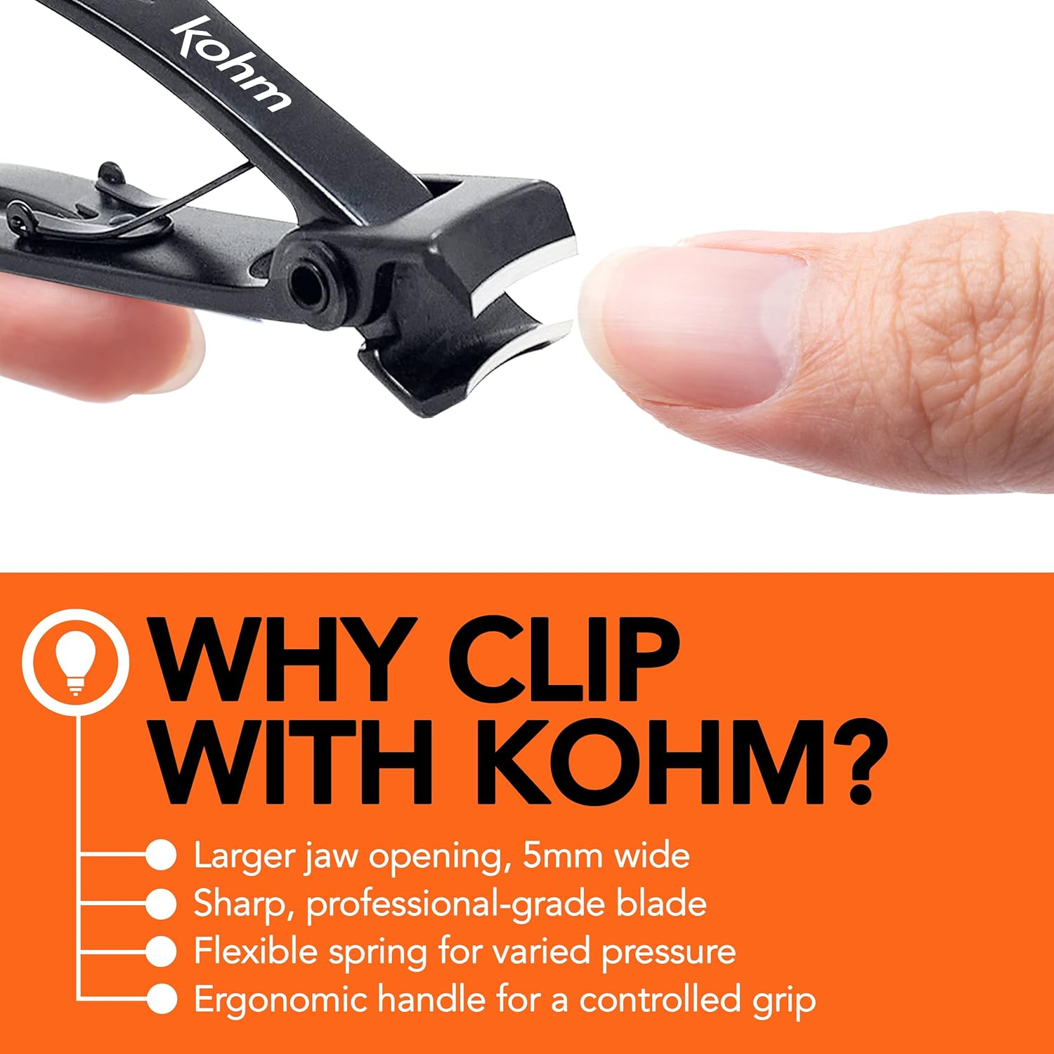 KOHM Nail Clippers for Thick Nails - Heavy Duty, Sharp Wide Mouth Professional Fingernail and Toenail Clippers for Men, Women & Seniors, Black image number 3