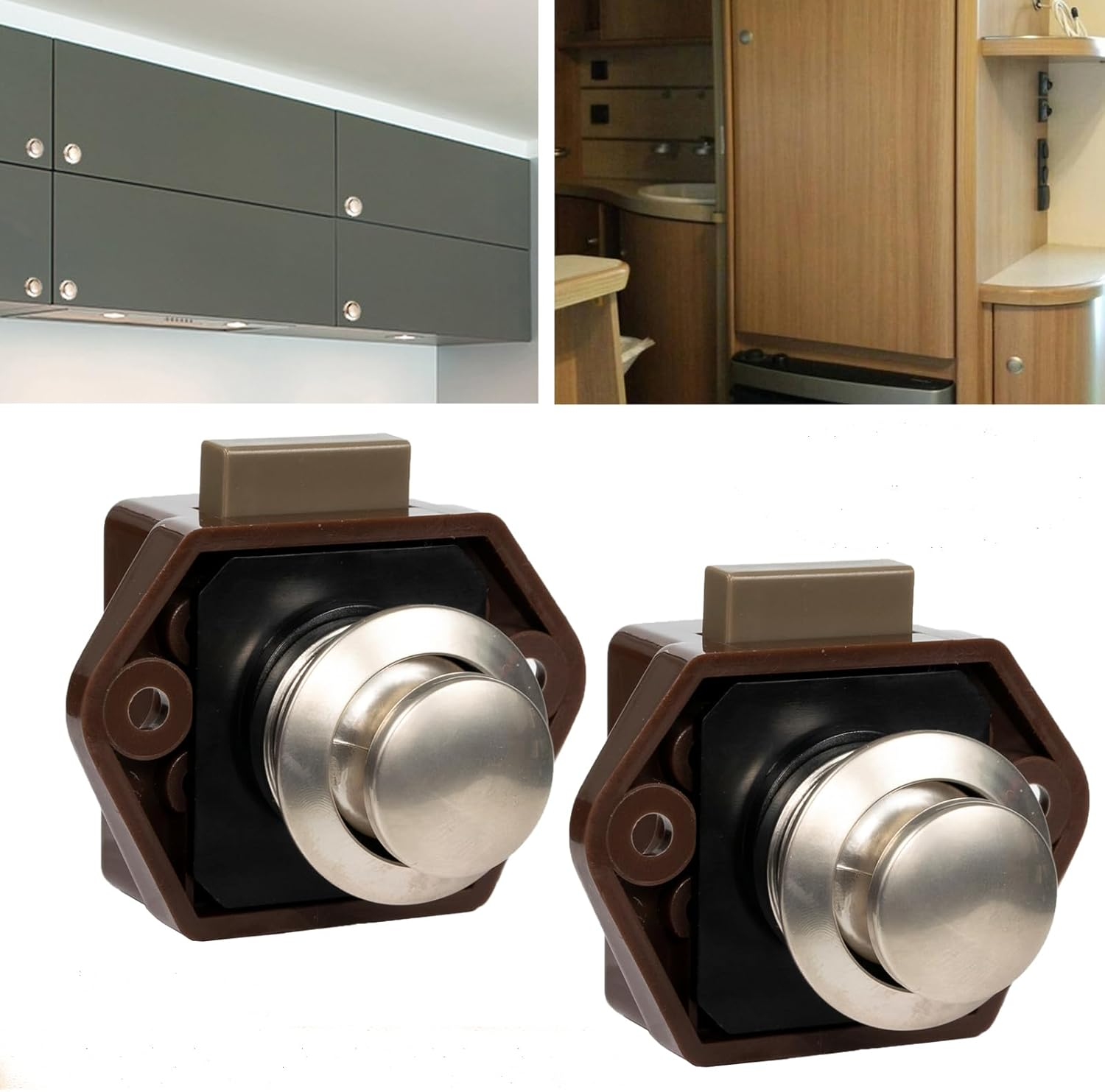 2Pcs Mini Brown Push Button Latch Cabinet Door Catch Keyless Cupboard Locks Drawer Cupboard Door Catch Lock Knob Caravan Boat RV image number 2