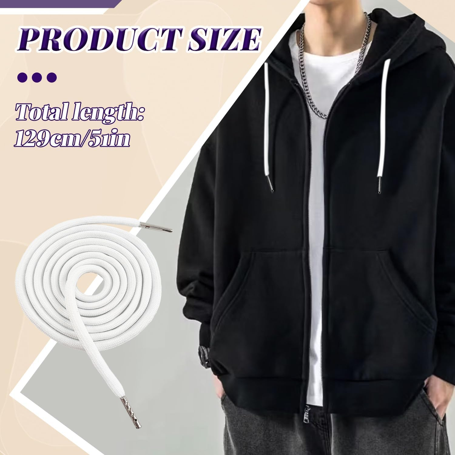 WALWAL 1 Pcs 51 Inch Replacement Drawstrings Cotton Drawstring Cord, Suitable for Sweatpants Hoodies Shorts(White, Metal Rope Head) image number 5