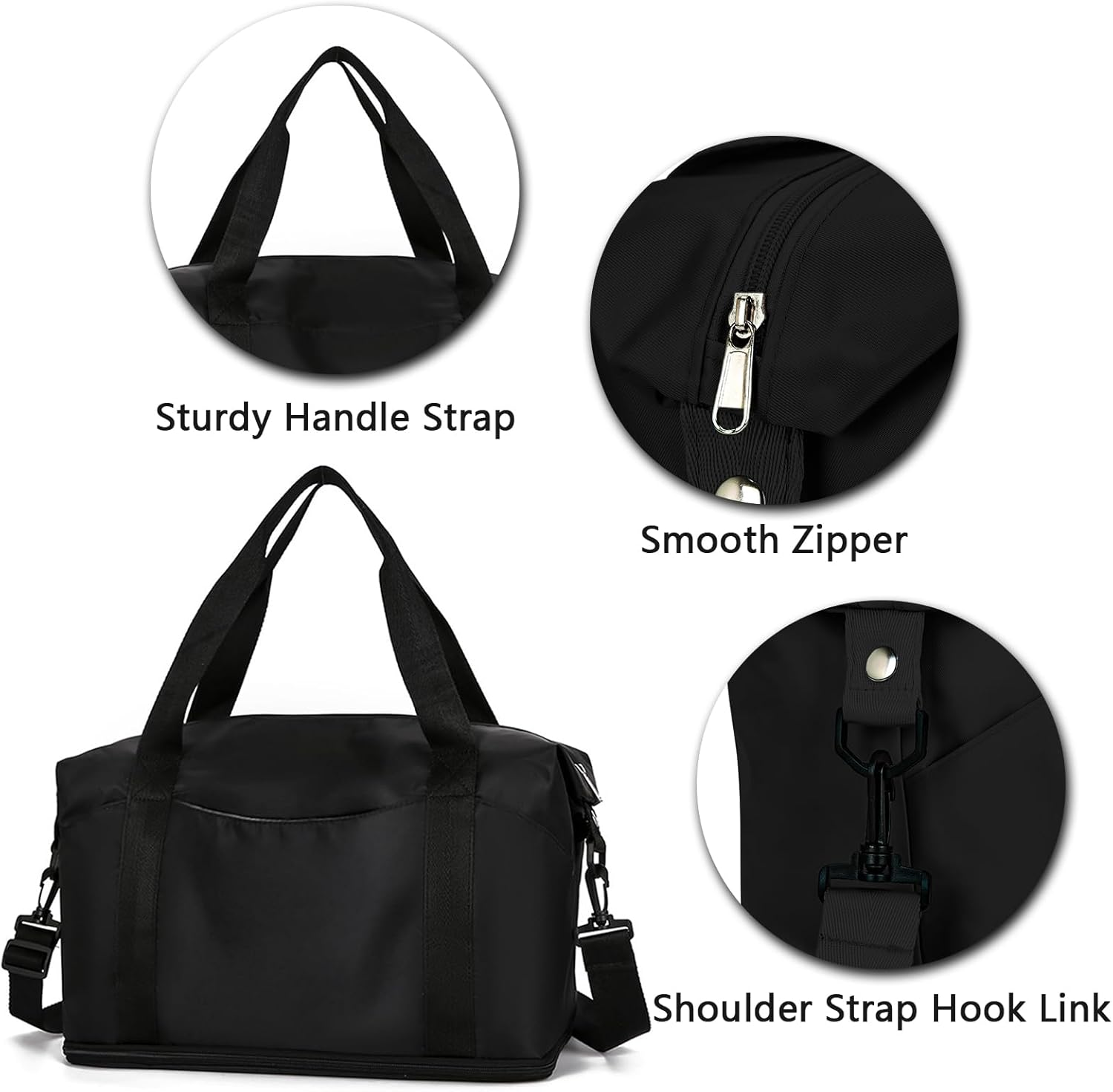 Lizbin Weekender Bags for Women, Personal Item Travel Bag, Overnight Bag Luggage Bag, Foldable Sports Tote Gym Bag for Men, Travel Tote Bags with Detachable Shoulder Strap and Wet Compartment (Black)