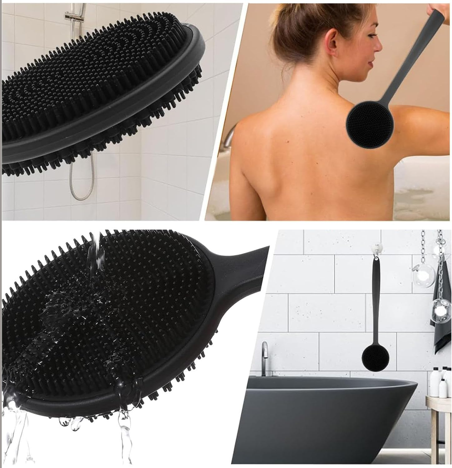 Shengsenfu 3 in 1 Silicone Body Brush Set, Long Handle Cleansing Skin Brush and Bath Body Scrubber with Double-Ended Hook, Double Sided Shower Brush, Upgraded Built-In Nylon Long Handle Body Brush image number 2